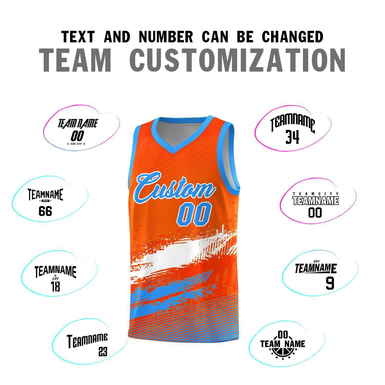 Custom Orange White and Powder Blue Graffiti Pattern Sports Uniform Basketball Jersey