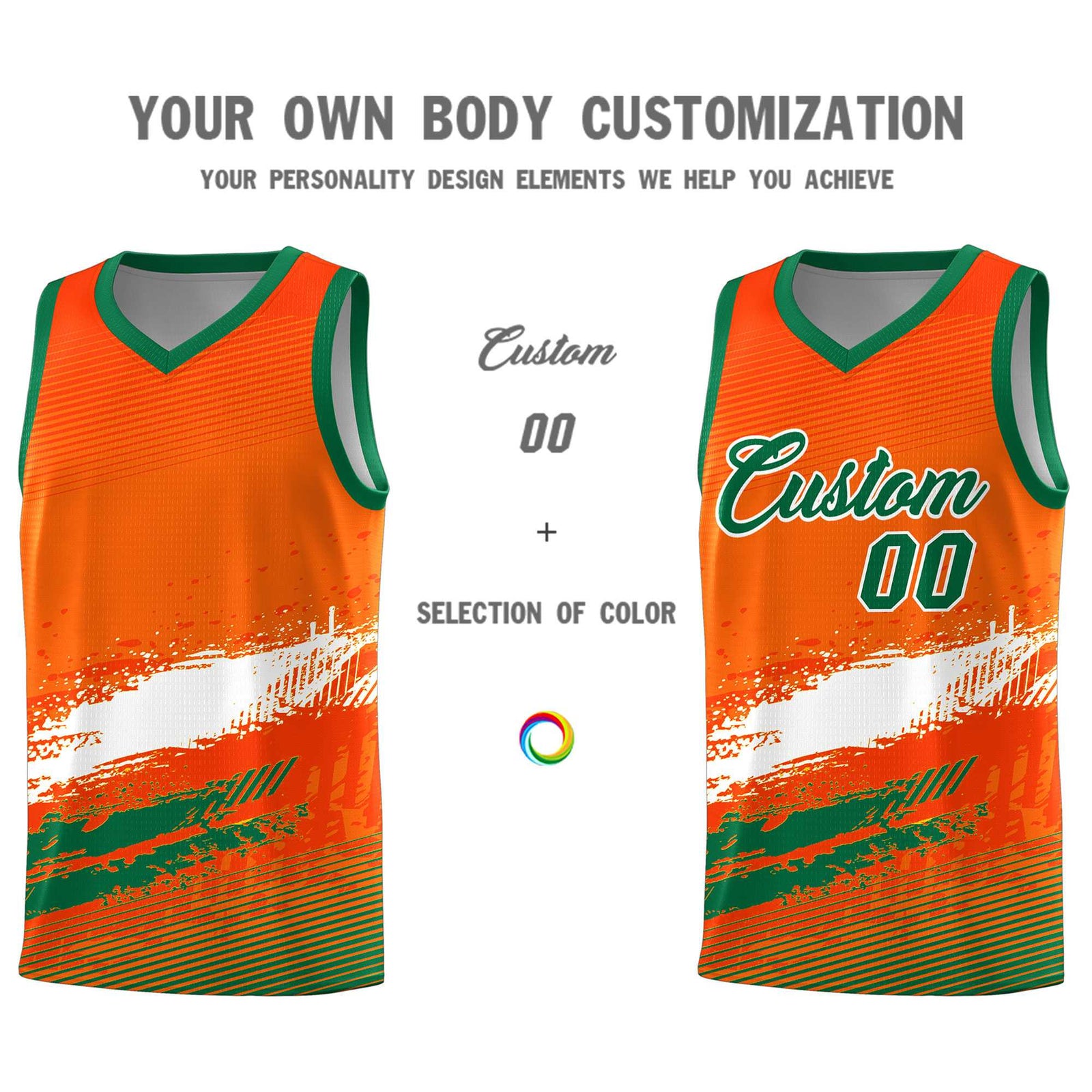 Custom Orange White and Kelly Green Graffiti Pattern Sports Uniform Basketball Jersey