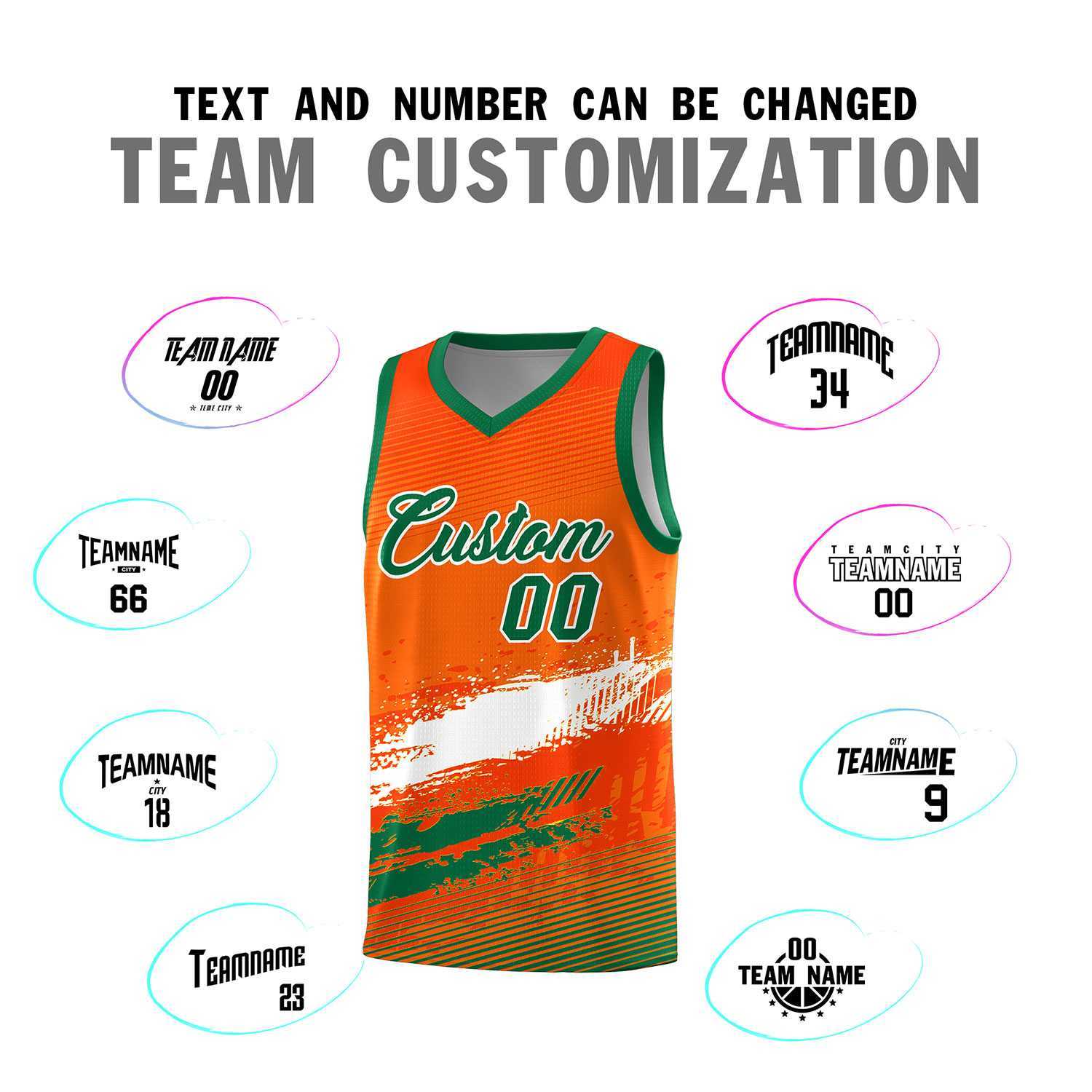 Custom Orange White and Kelly Green Graffiti Pattern Sports Uniform Basketball Jersey