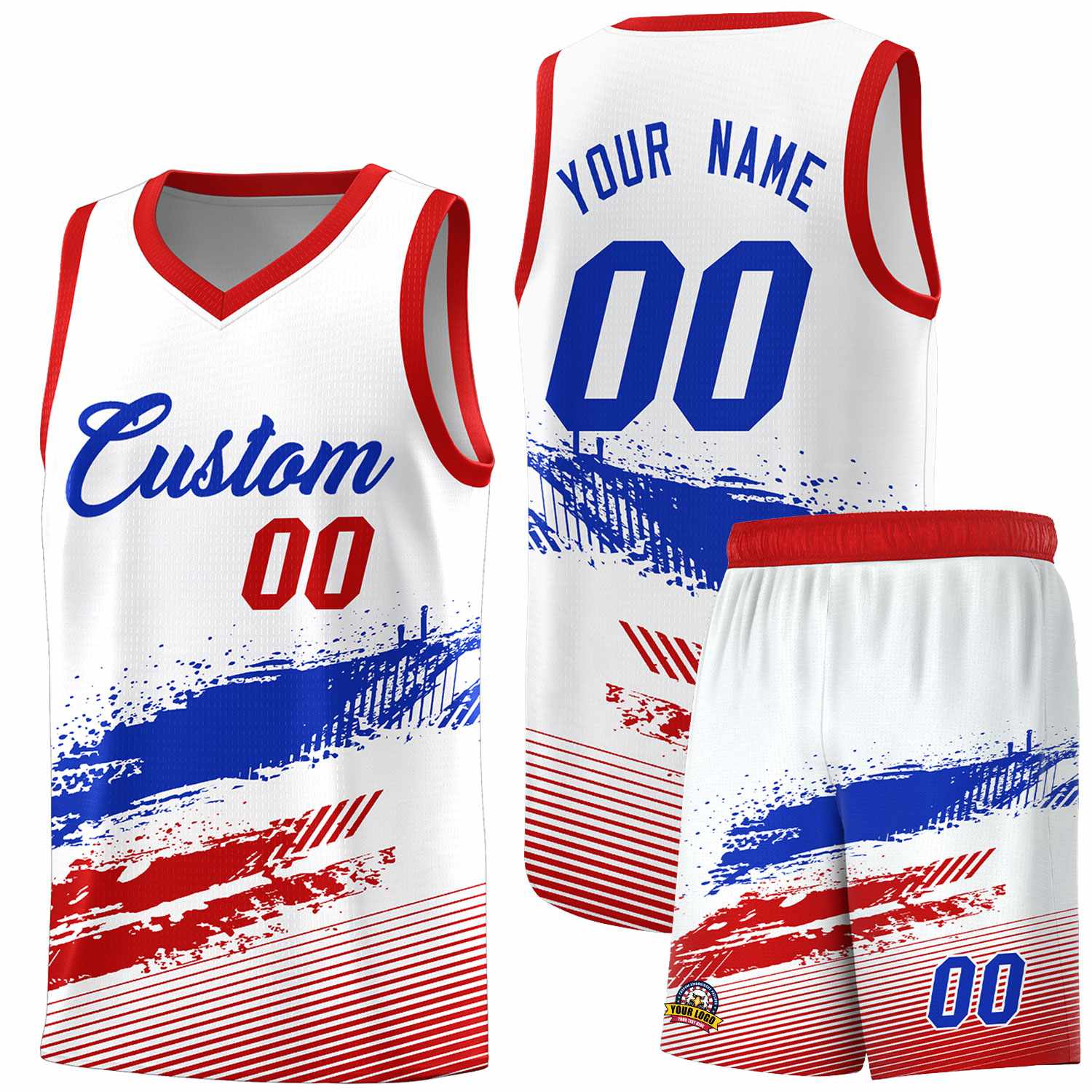 Custom White Royal and Red Graffiti Pattern Sports Uniform Basketball Jersey