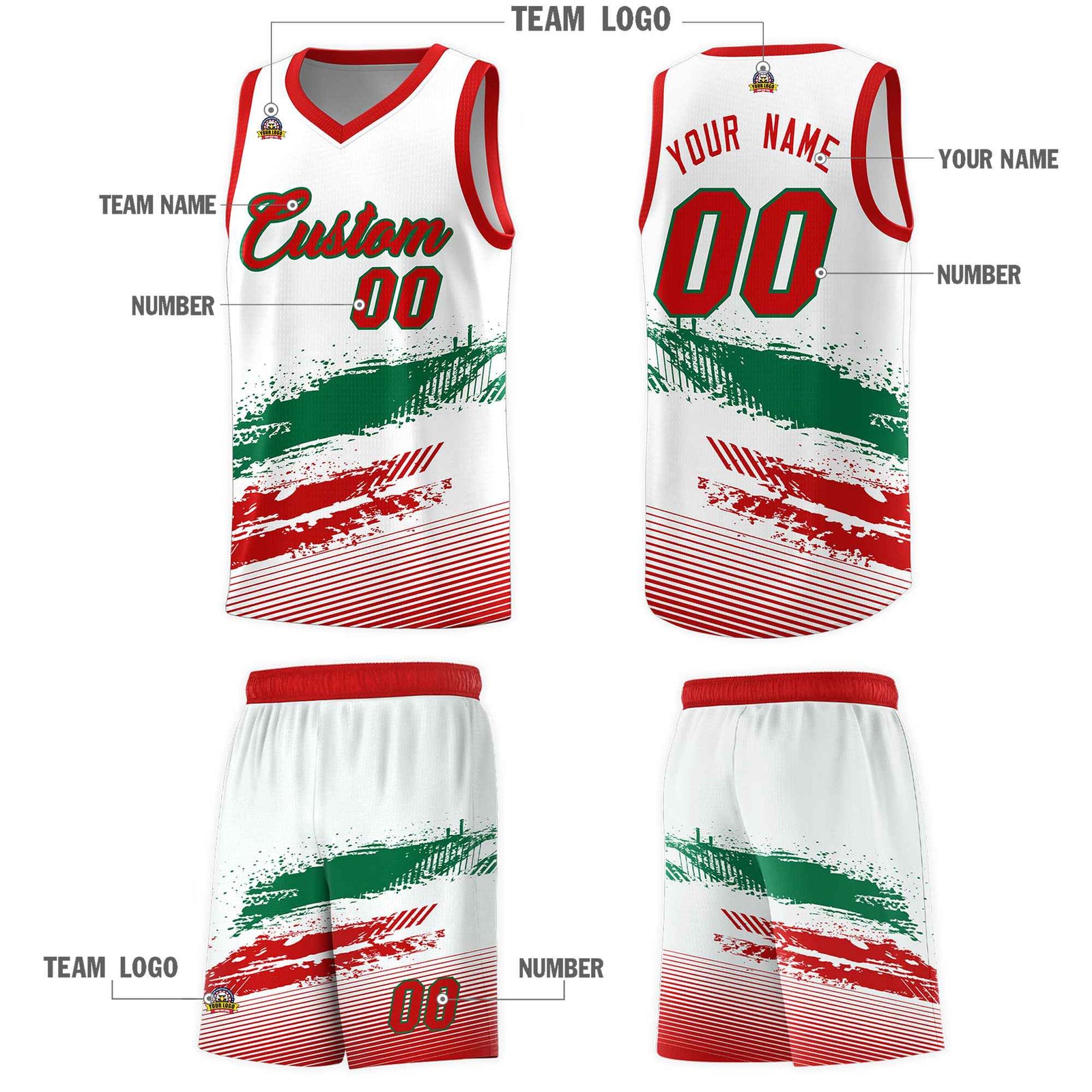 Custom White Kelly Green and Red Graffiti Pattern Sports Uniform Basketball Jersey