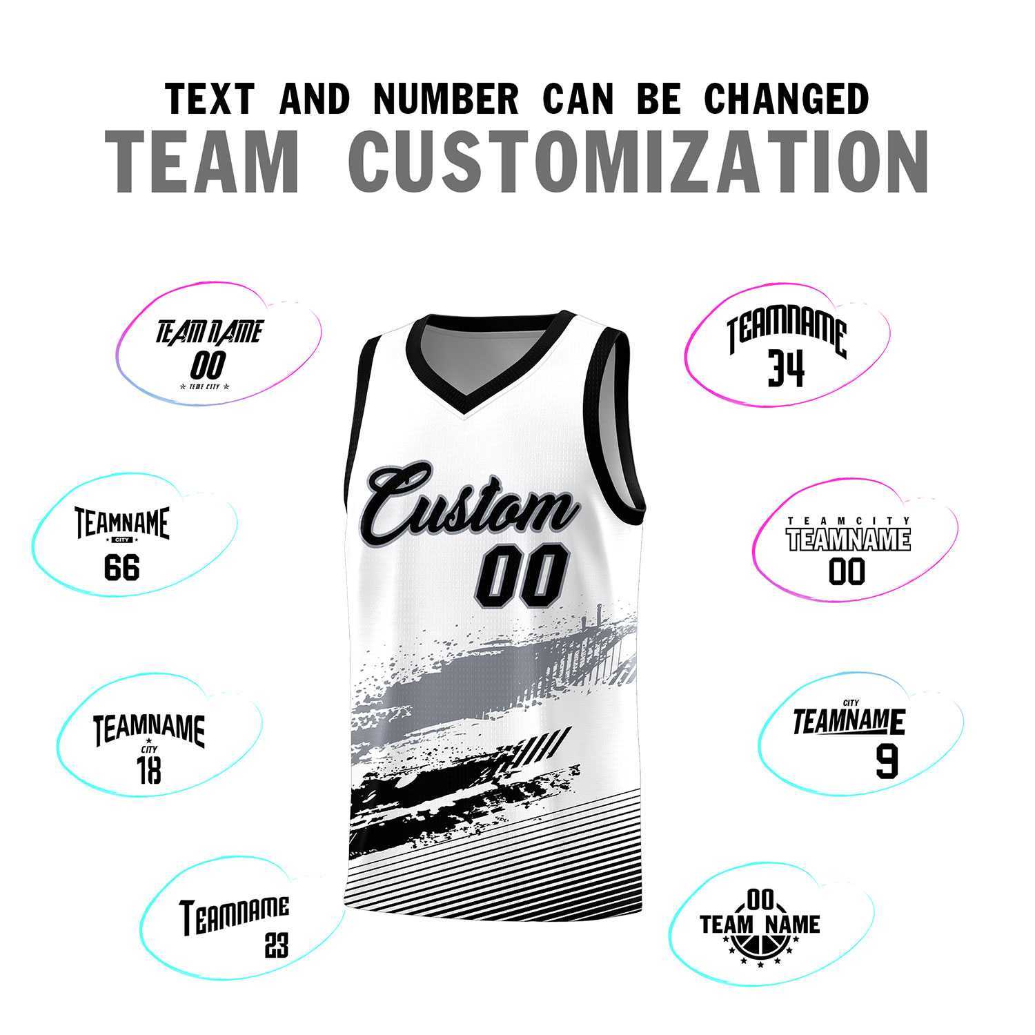 Custom White Gray and Black Graffiti Pattern Sports Uniform Basketball Jersey
