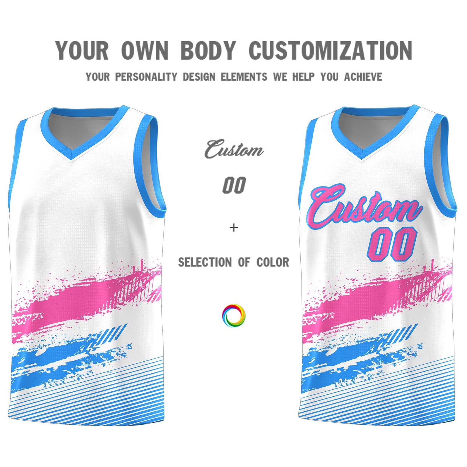 Custom White Pink and Powder Blue Graffiti Pattern Sports Uniform Basketball Jersey