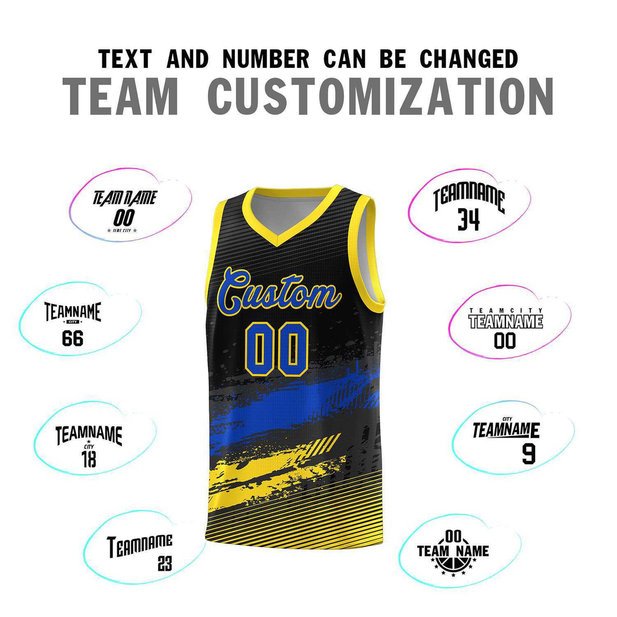 Custom Black Royal and Gold Graffiti Pattern Sports Uniform Basketball Jersey
