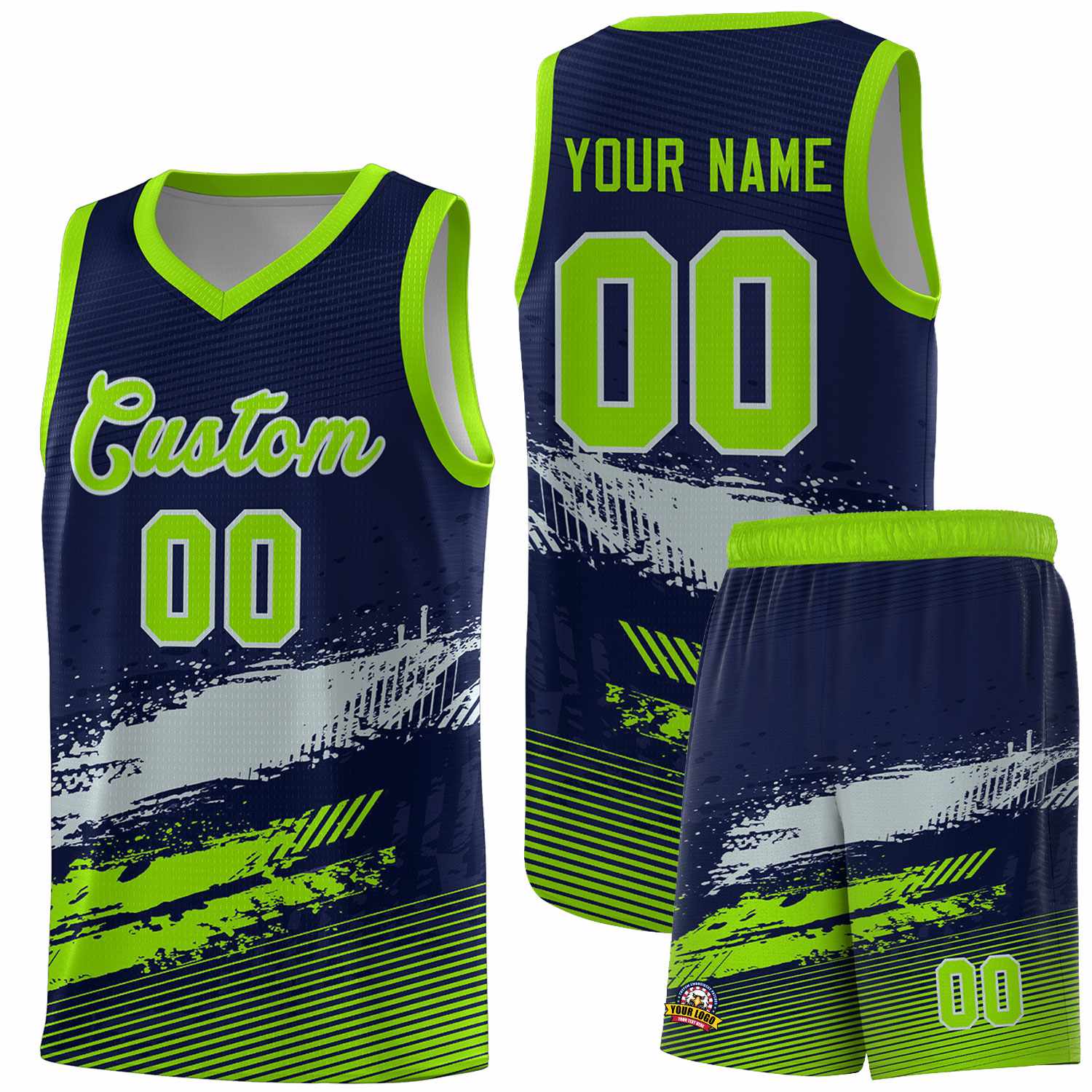 Custom Navy Gray and Neon Green Graffiti Pattern Sports Uniform Basketball Jersey
