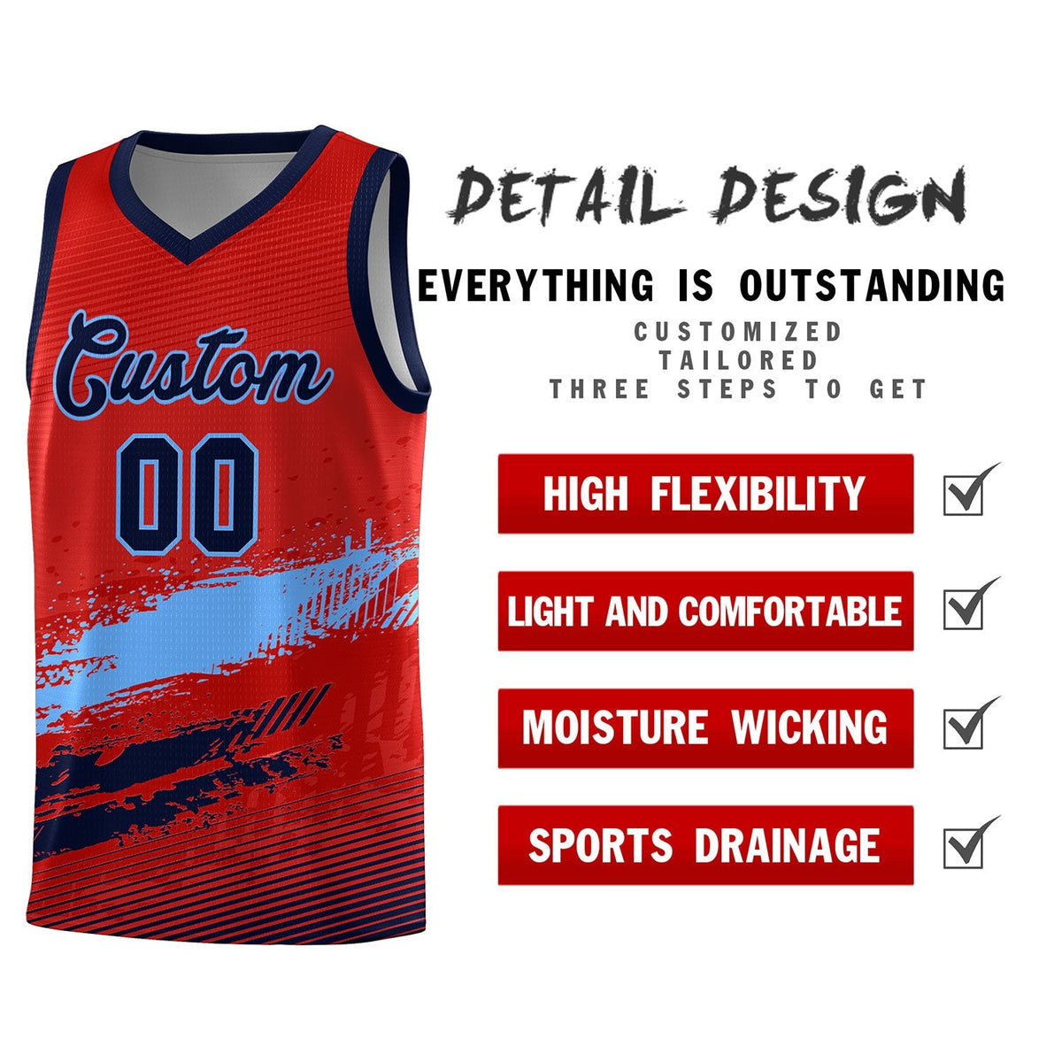 Custom Red Powder Blue and Navy Graffiti Pattern Sports Uniform Basketball Jersey