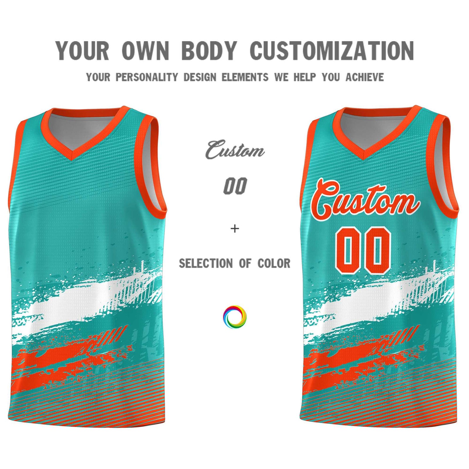 Custom Aqua White and Orange Graffiti Pattern Sports Uniform Basketball Jersey