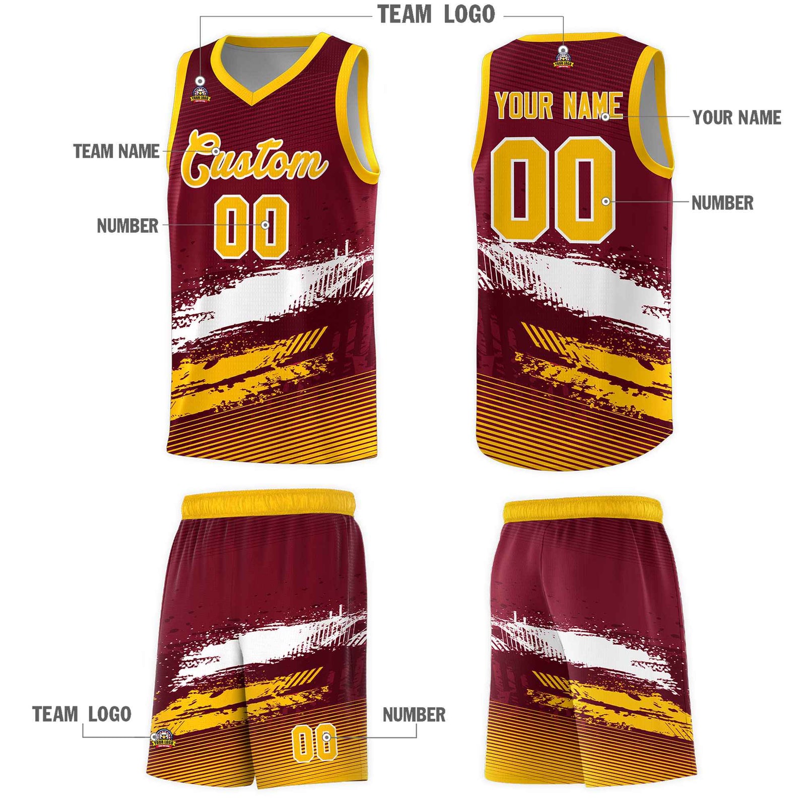 Custom Crimson White and Yellow Graffiti Pattern Sports Uniform Basketball Jersey
