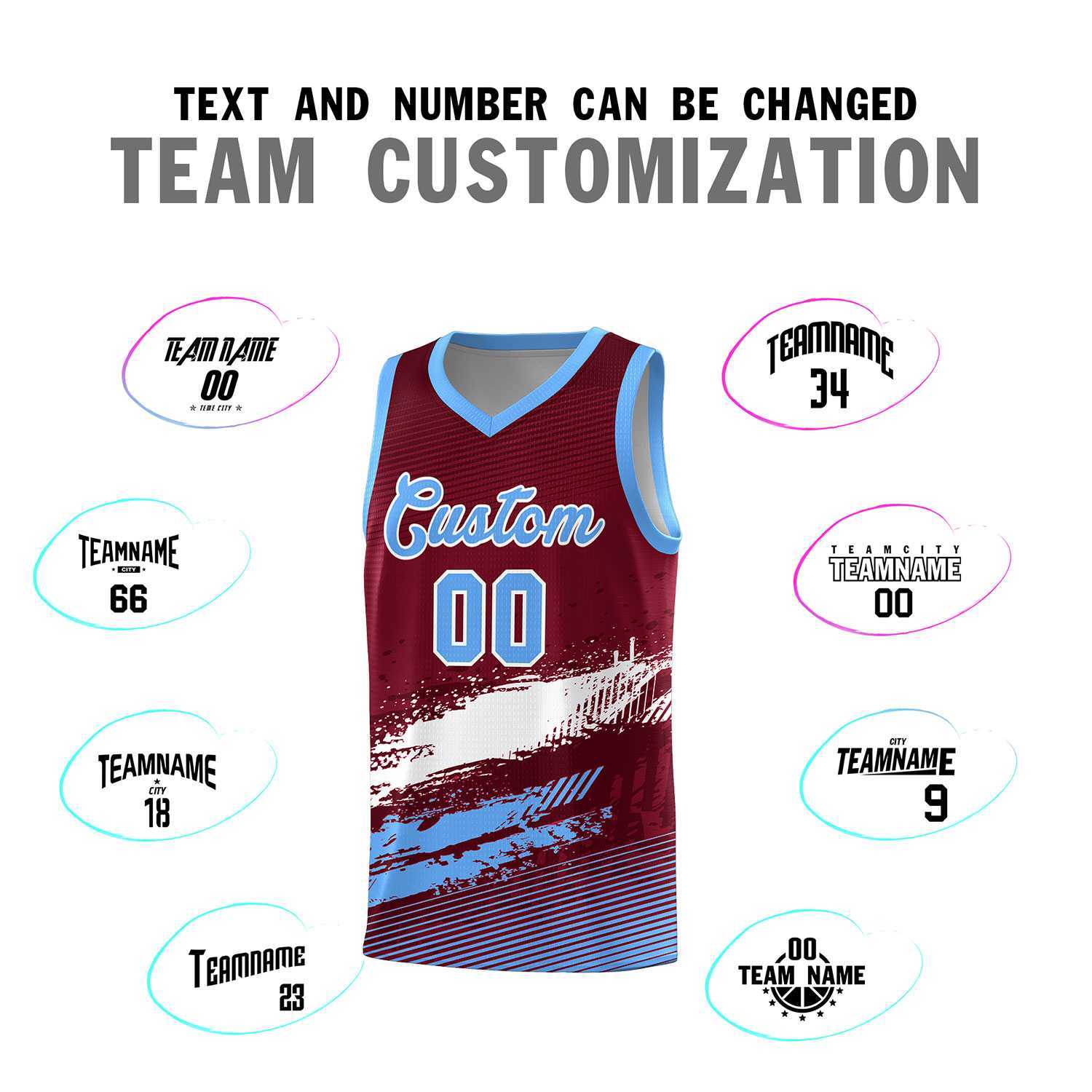 Custom Crimson White and Powder Blue Graffiti Pattern Sports Uniform Basketball Jersey