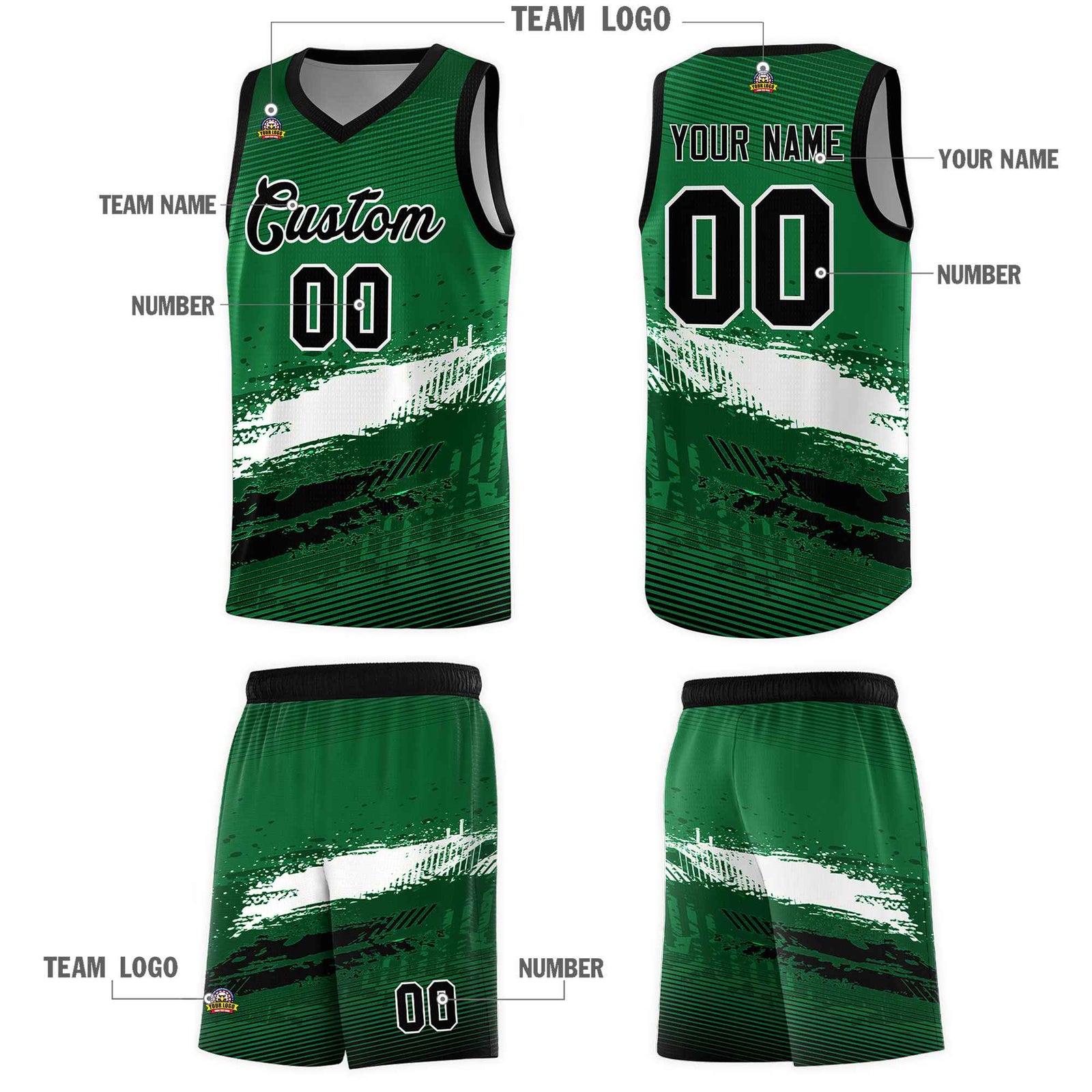 Custom Kelly Green White and Black Graffiti Pattern Sports Uniform Basketball Jersey