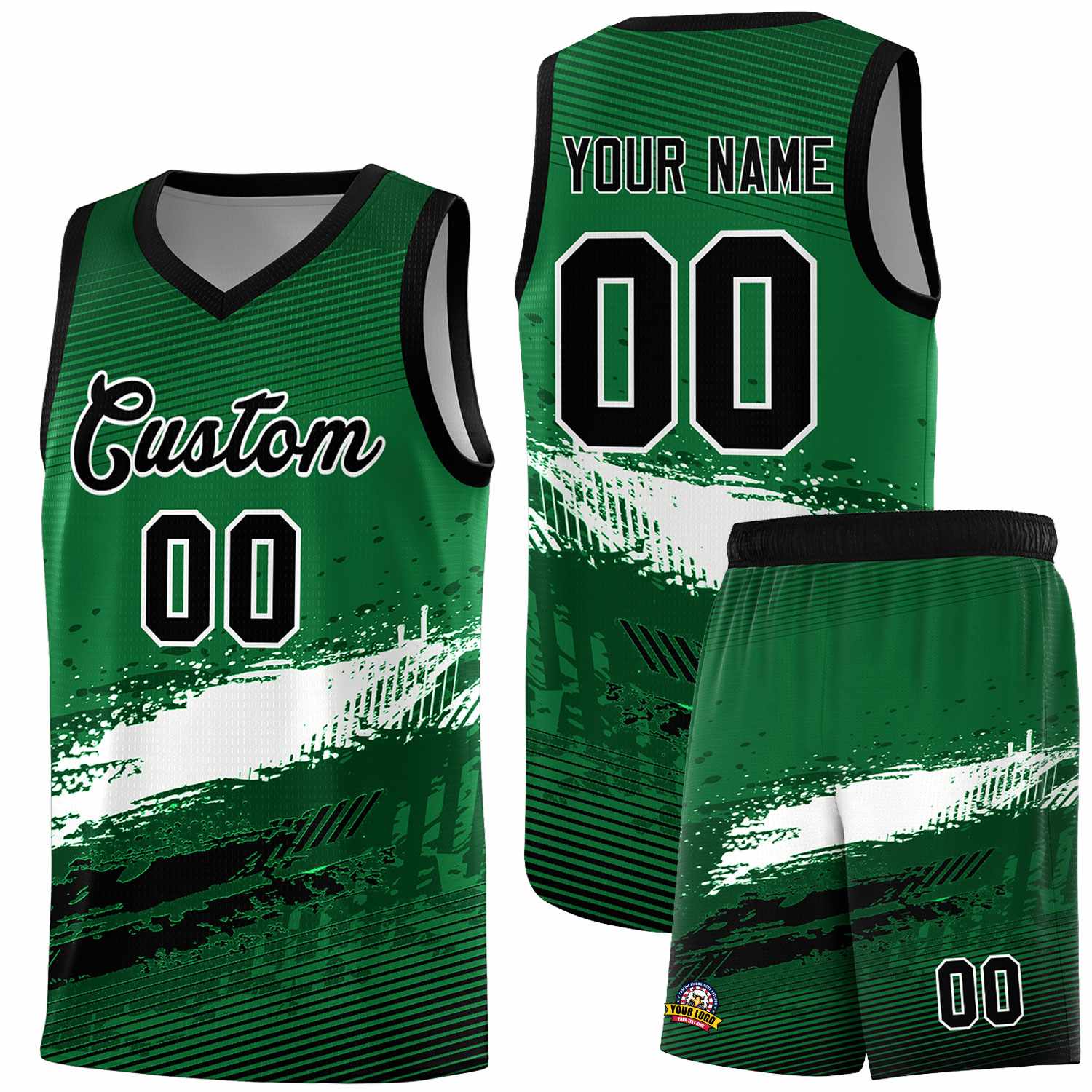 Custom Kelly Green White and Black Graffiti Pattern Sports Uniform Basketball Jersey
