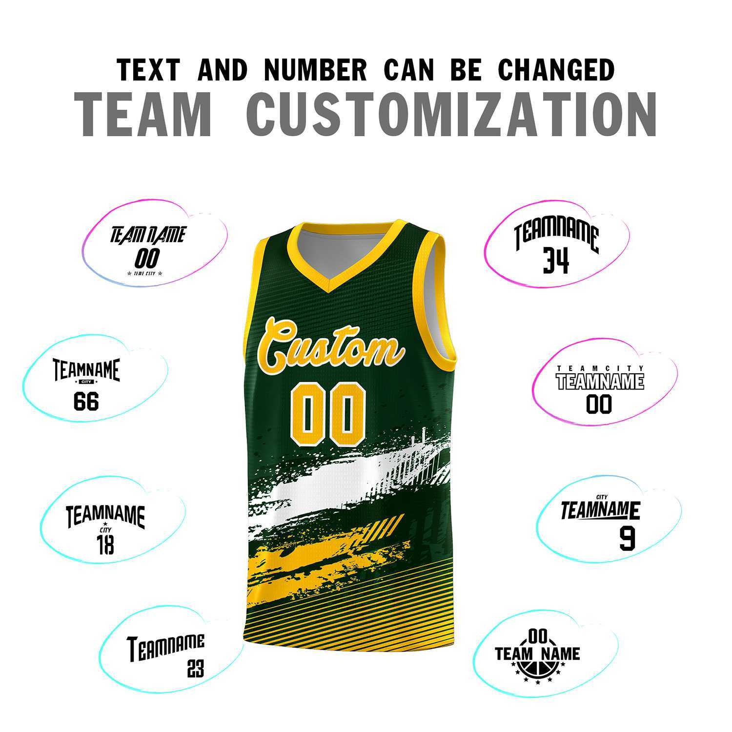 Custom Green White and Yellow Graffiti Pattern Sports Uniform Basketball Jersey