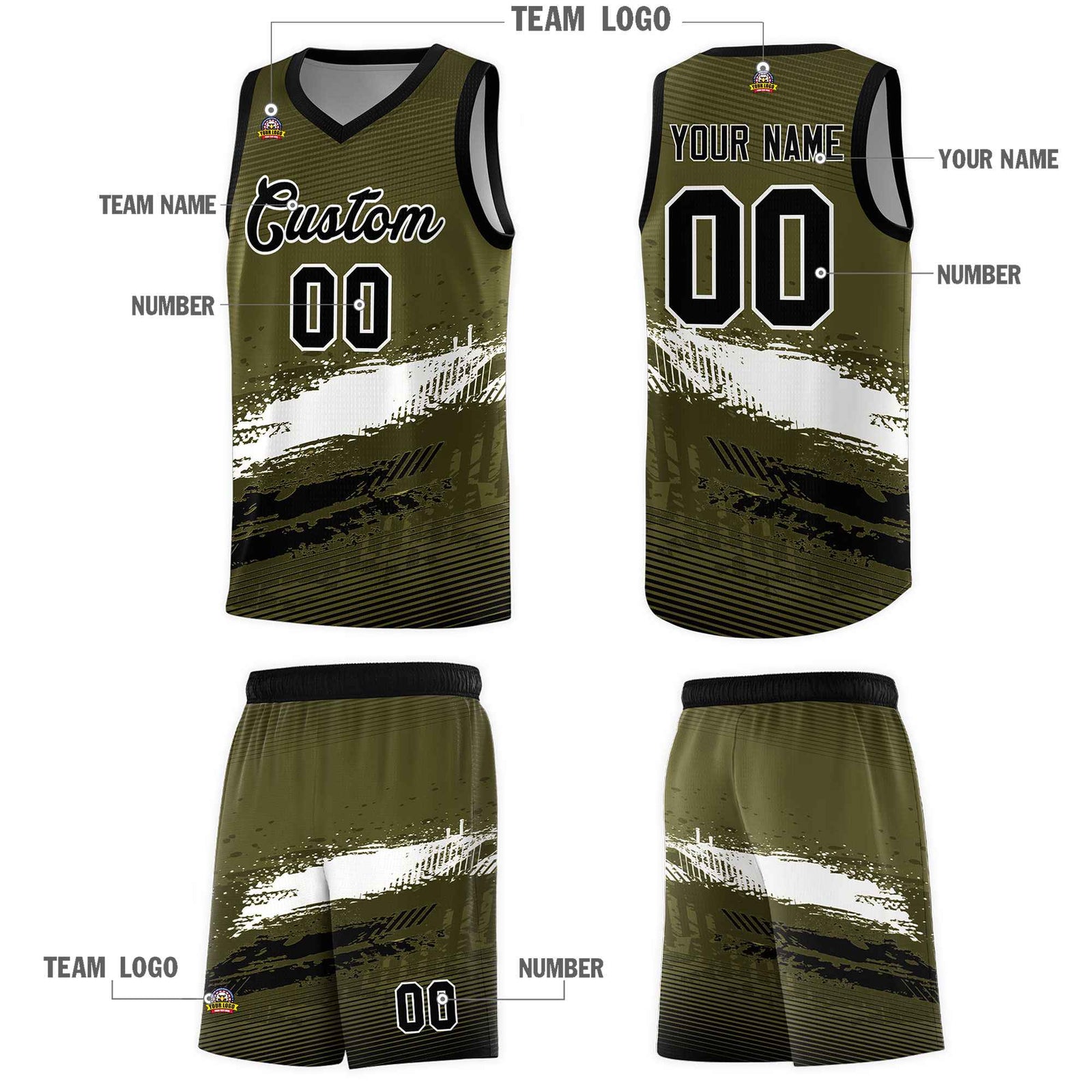 Custom Olive White and Black Graffiti Pattern Sports Uniform Basketball Jersey
