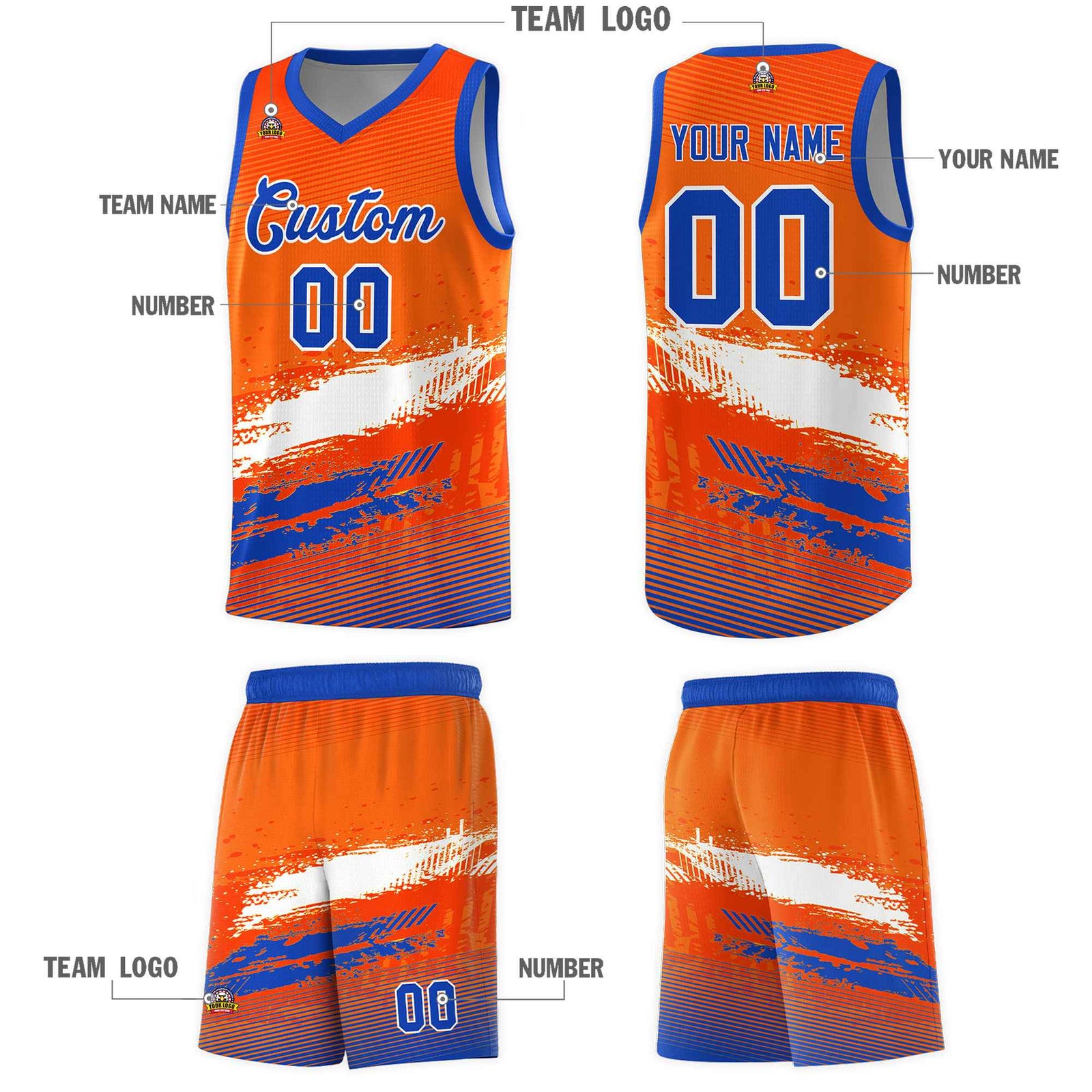 Custom Orange White and Royal Graffiti Pattern Sports Uniform Basketball Jersey