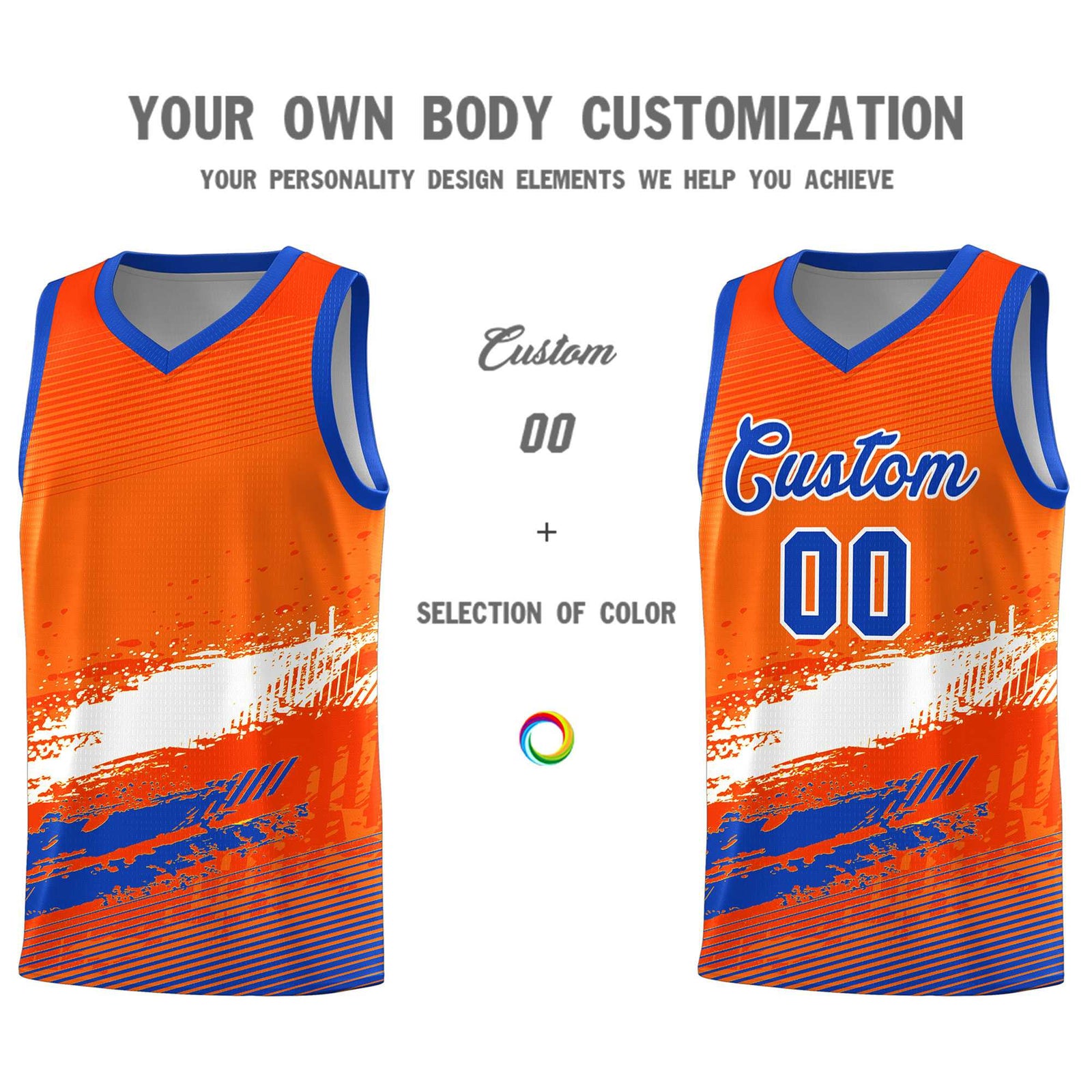 Custom Orange White and Royal Graffiti Pattern Sports Uniform Basketball Jersey