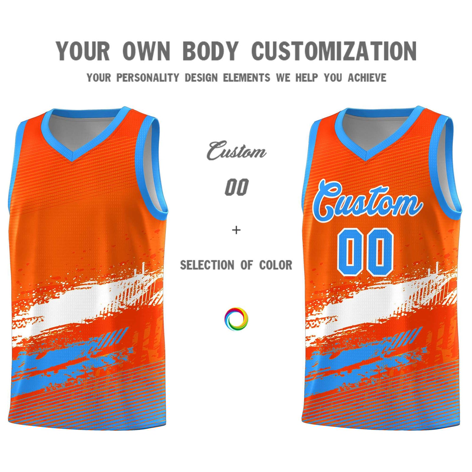 Custom Orange White and Powder Blue Graffiti Pattern Sports Uniform Basketball Jersey