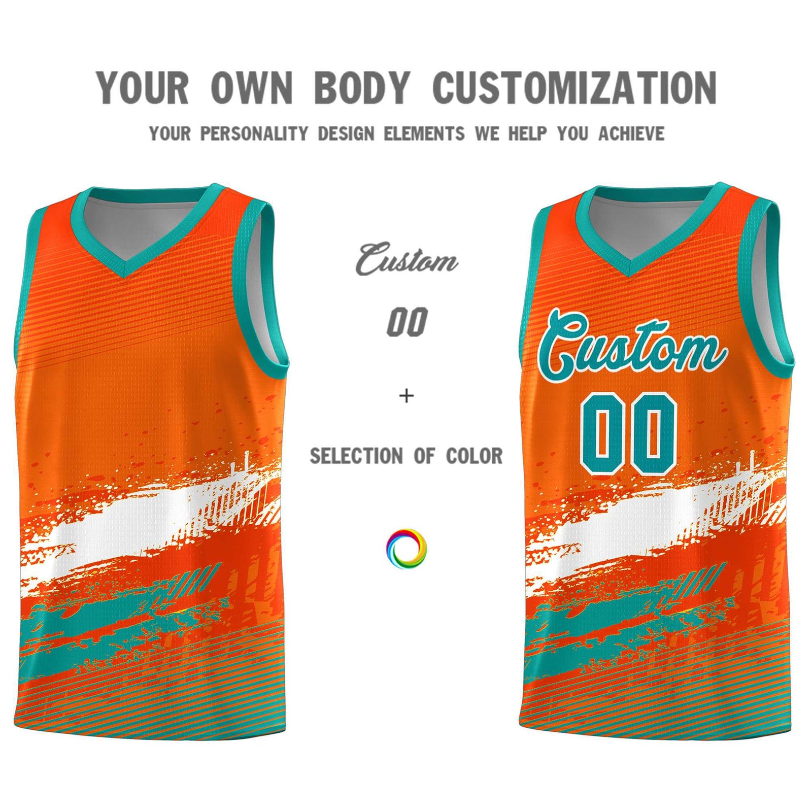 Custom Orange White and Aqua Graffiti Pattern Sports Uniform Basketball Jersey