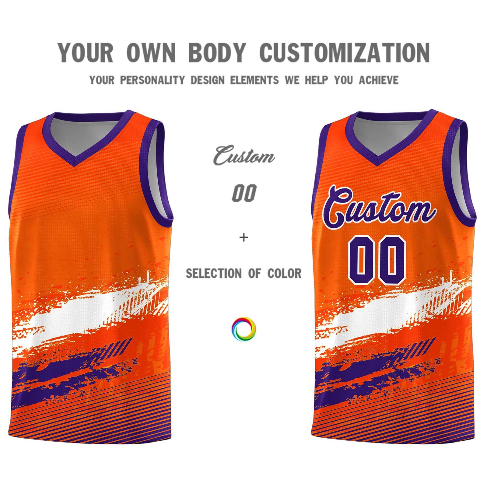 Custom Orange White and Purple Graffiti Pattern Sports Uniform Basketball Jersey