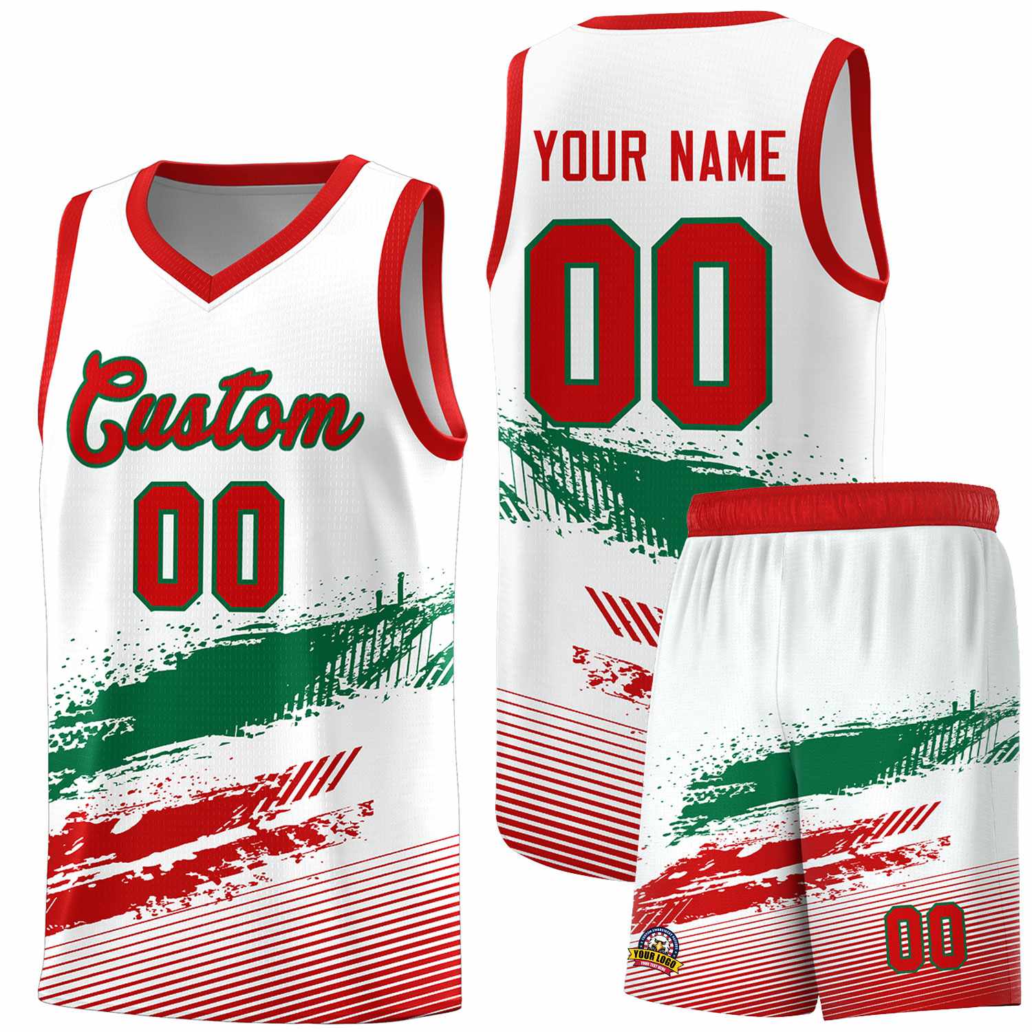 Custom White Kelly Green and Red Graffiti Pattern Sports Uniform Basketball Jersey