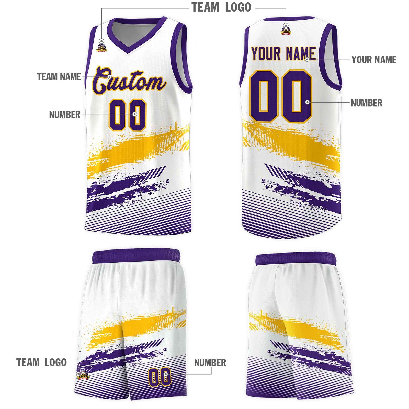 Custom White Yellow and Purple Graffiti Pattern Sports Uniform Basketball Jersey