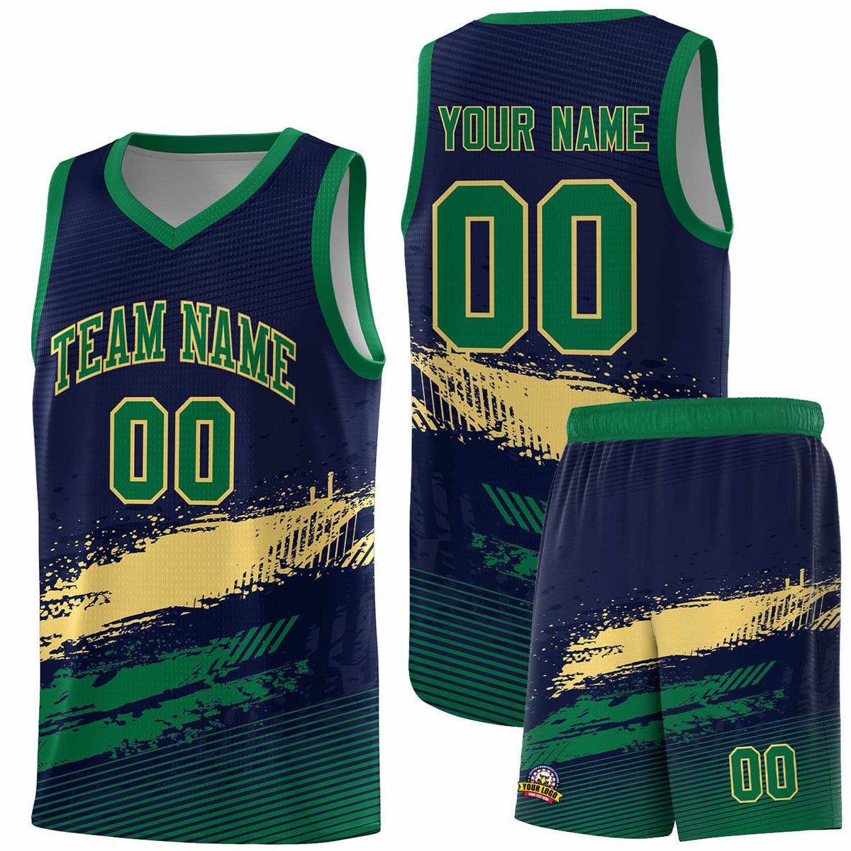 Custom Navy Khaki and Kelly Green Graffiti Pattern Sports Uniform Basketball Jersey