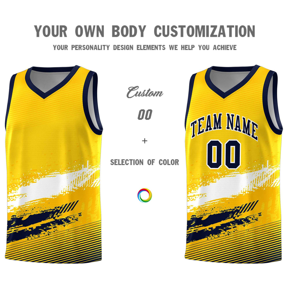 Custom Yellow White and Navy Graffiti Pattern Sports Uniform Basketball Jersey