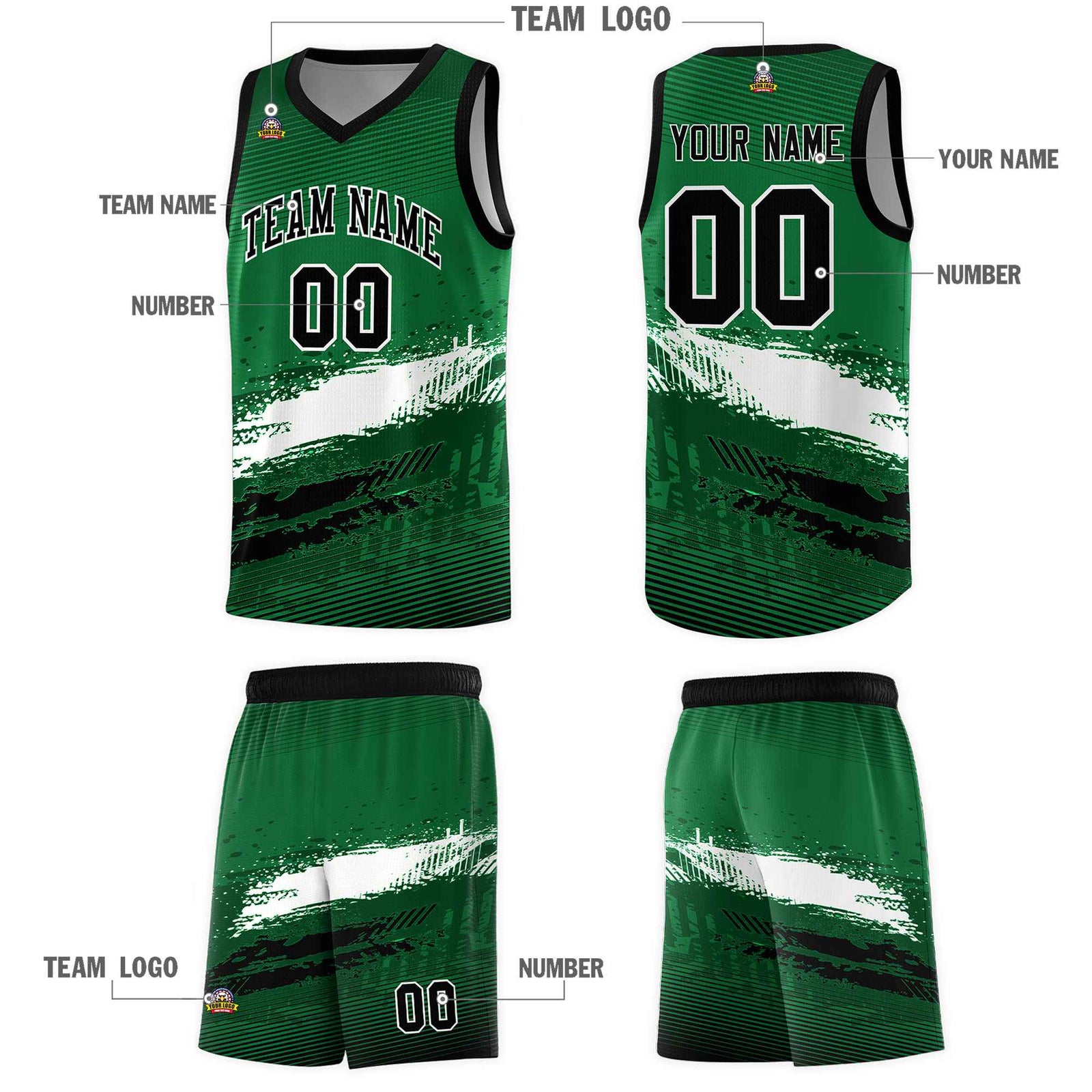 Custom Kelly Green White and Black Graffiti Pattern Sports Uniform Basketball Jersey