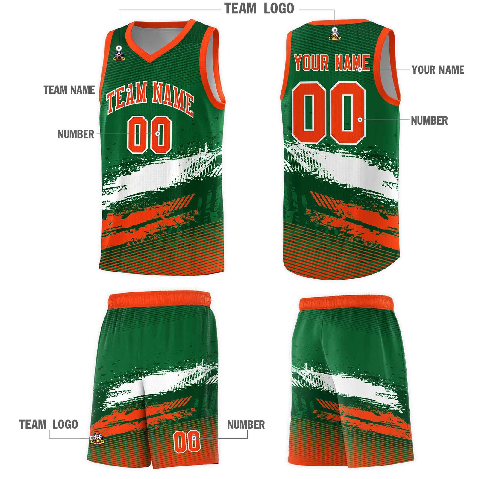 Custom Kelly Green White and Orange Graffiti Pattern Sports Uniform Basketball Jersey