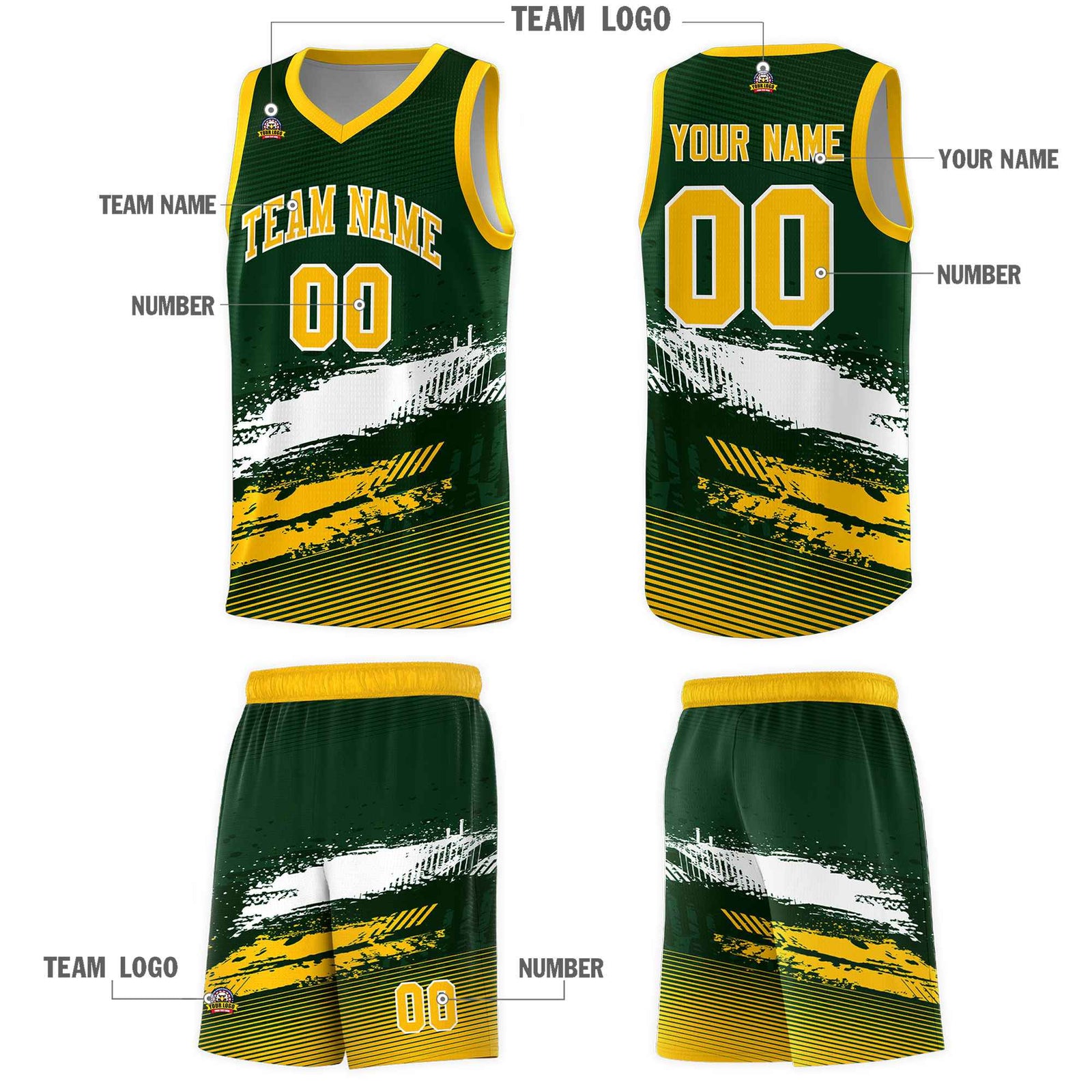 Custom Green White and Yellow Graffiti Pattern Sports Uniform Basketball Jersey