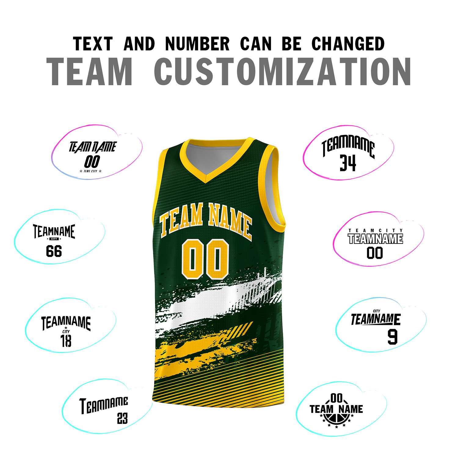 Custom Green White and Yellow Graffiti Pattern Sports Uniform Basketball Jersey