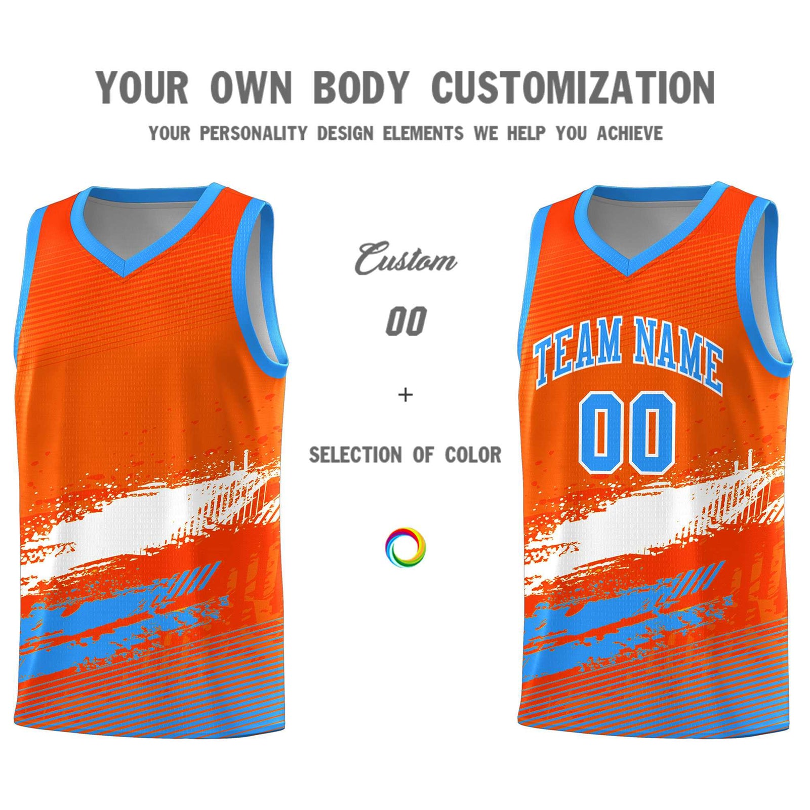 Custom Orange White and Powder Blue Graffiti Pattern Sports Uniform Basketball Jersey