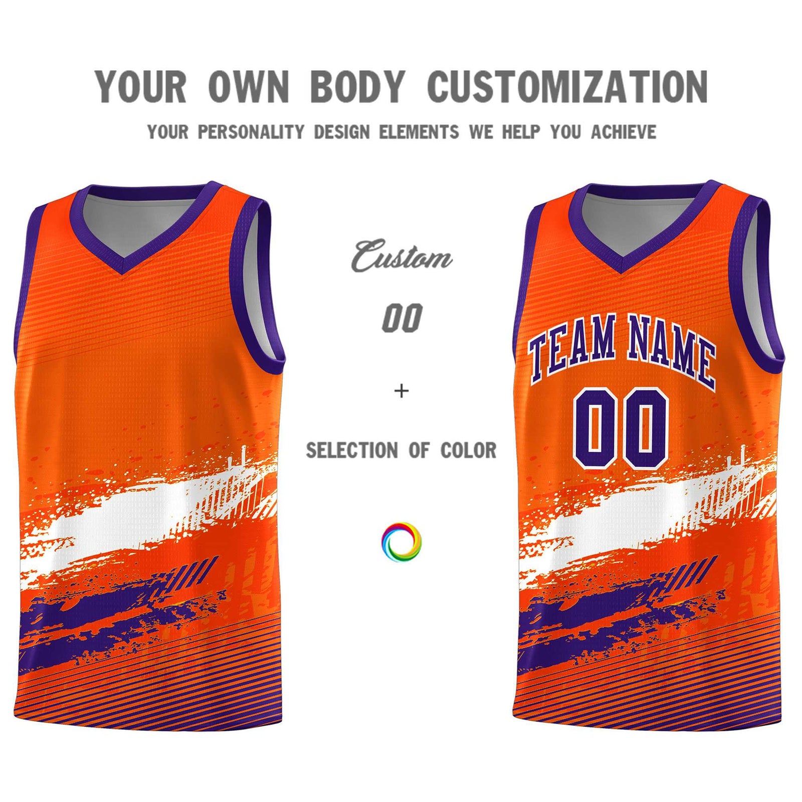 Custom Orange White and Purple Graffiti Pattern Sports Uniform Basketball Jersey