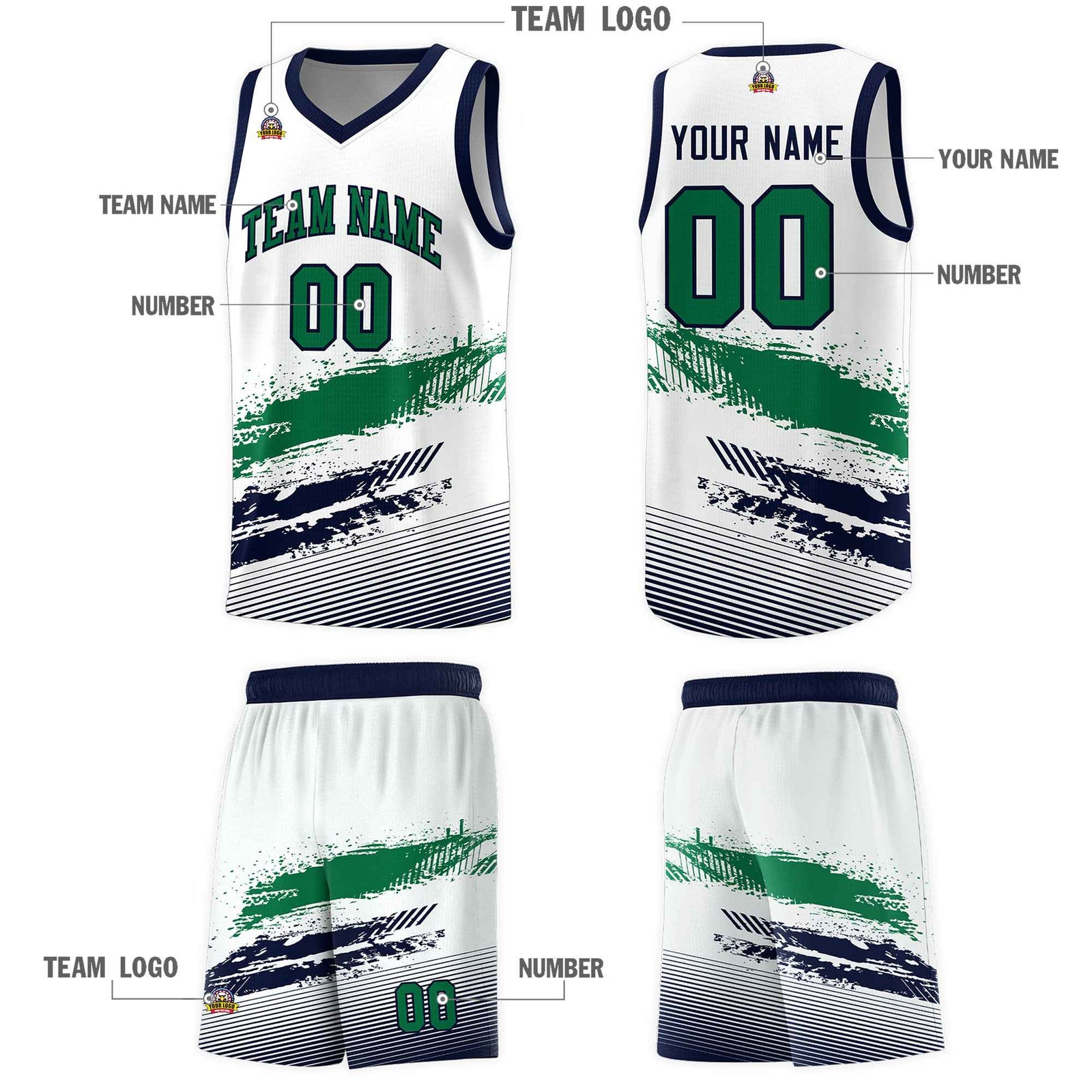 Custom White Kelly Green and Navy Graffiti Pattern Sports Uniform Basketball Jersey