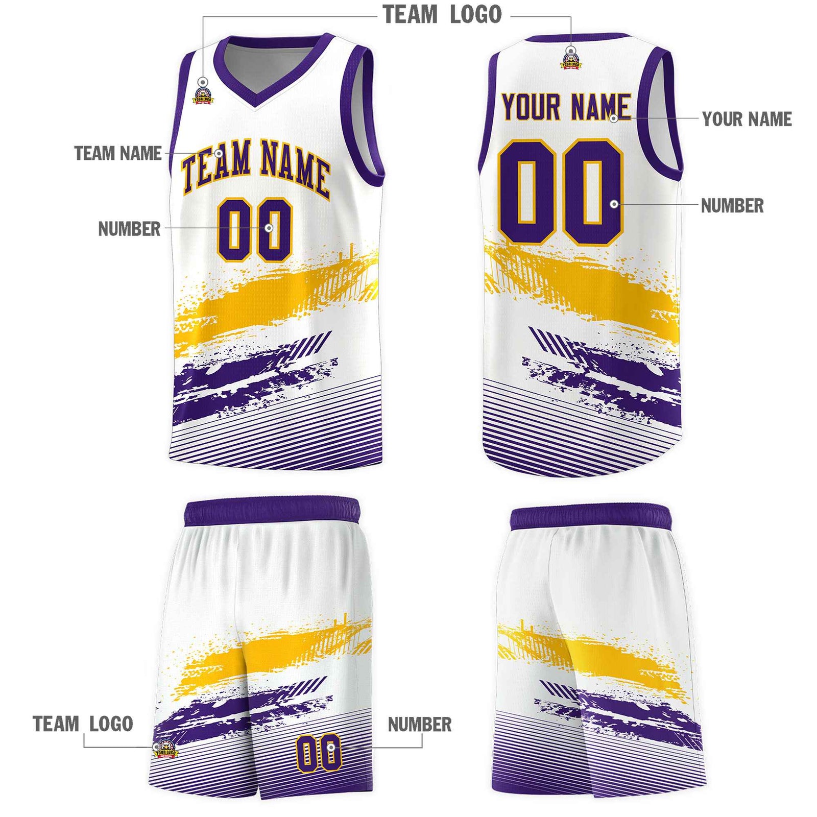 Custom White Yellow and Purple Graffiti Pattern Sports Uniform Basketball Jersey