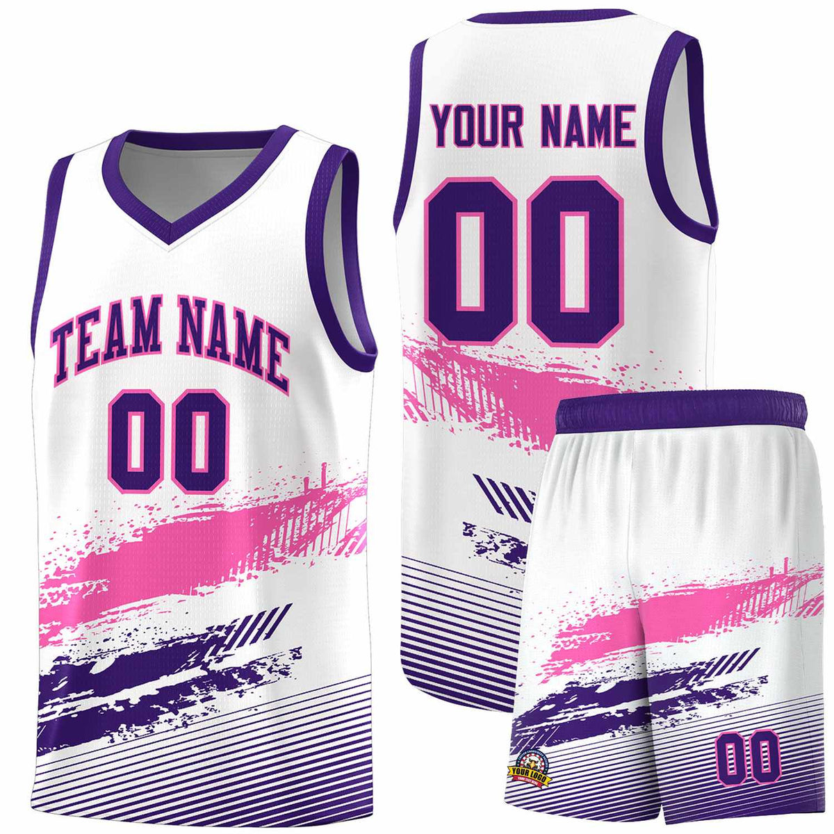 Custom White Pink and Purple Graffiti Pattern Sports Uniform Basketball Jersey