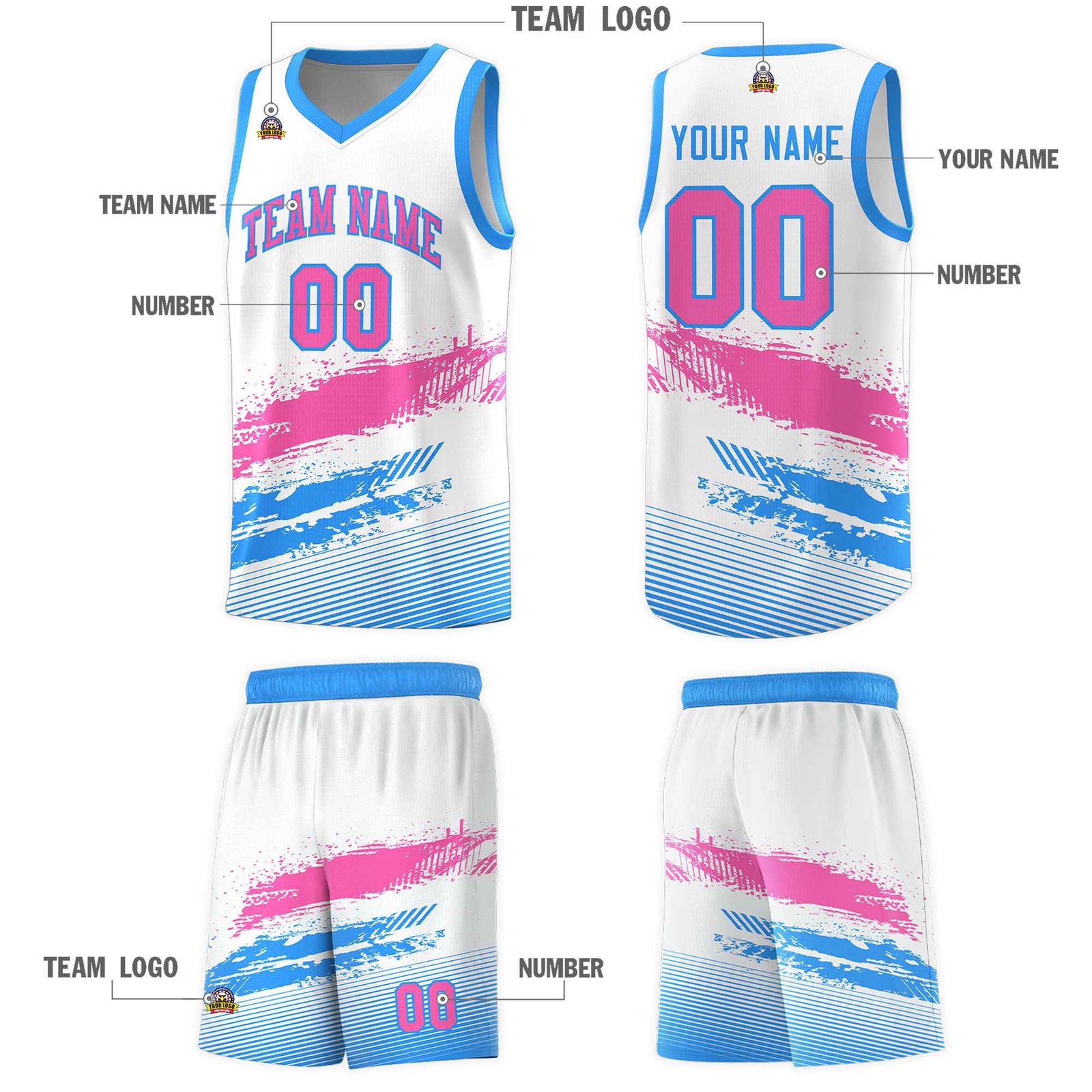 Custom White Pink and Powder Blue Graffiti Pattern Sports Uniform Basketball Jersey