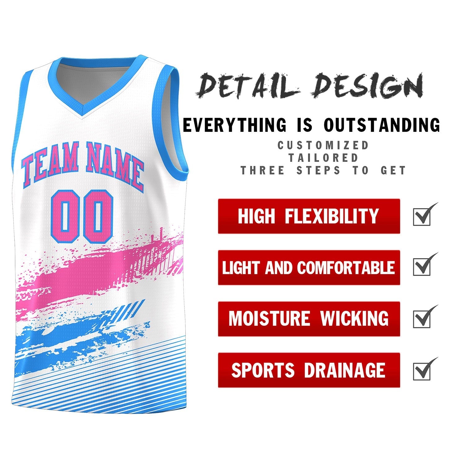 Custom White Pink and Powder Blue Graffiti Pattern Sports Uniform Basketball Jersey