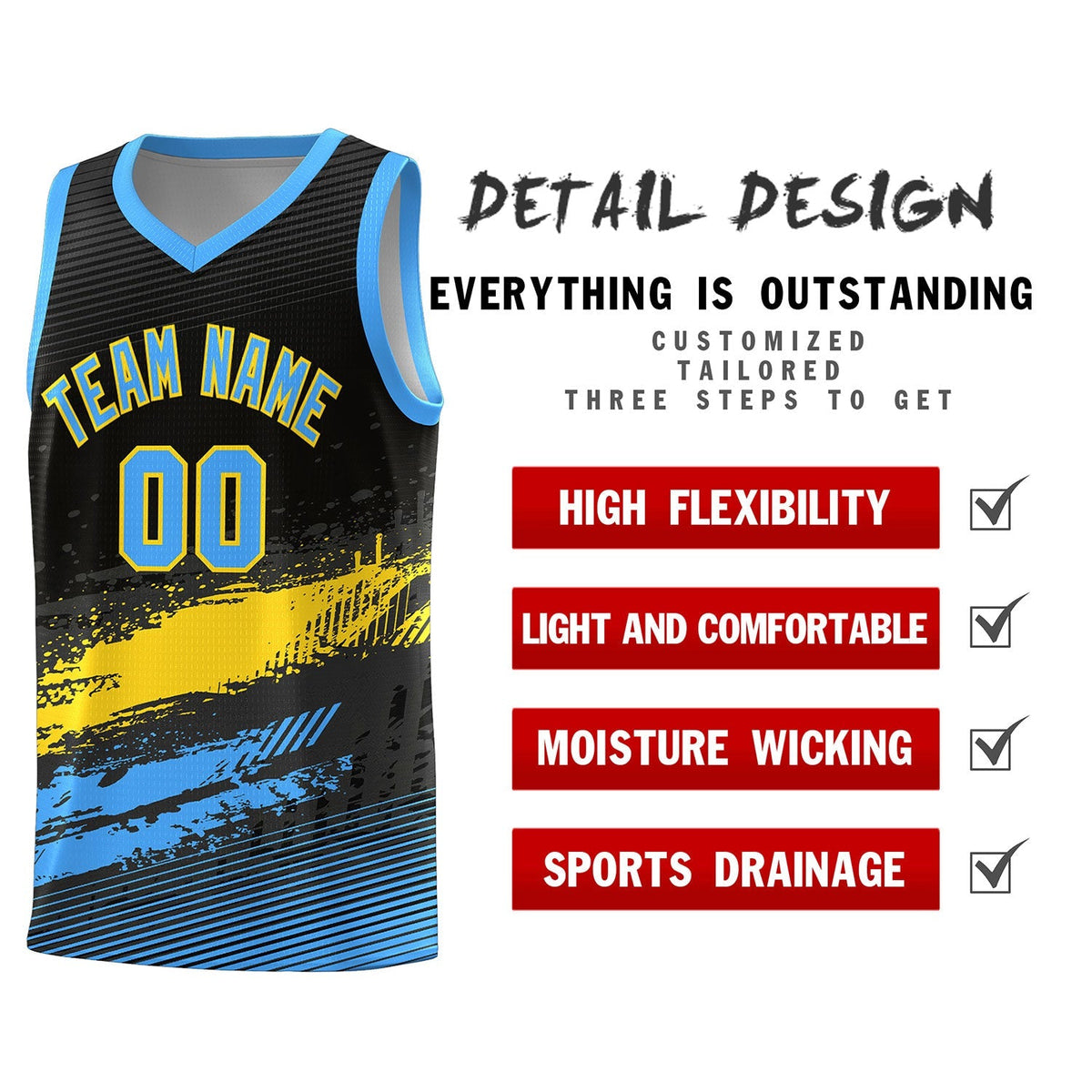 Custom Black Gold and Powder Blue Graffiti Pattern Sports Uniform Basketball Jersey