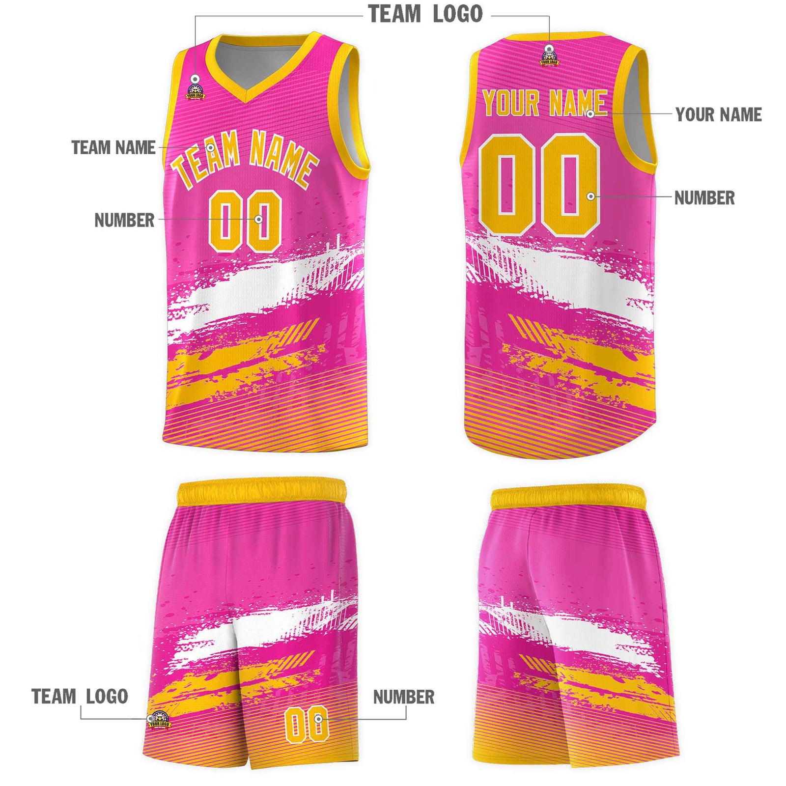 Custom Pink White and Yellow Graffiti Pattern Sports Uniform Basketball Jersey