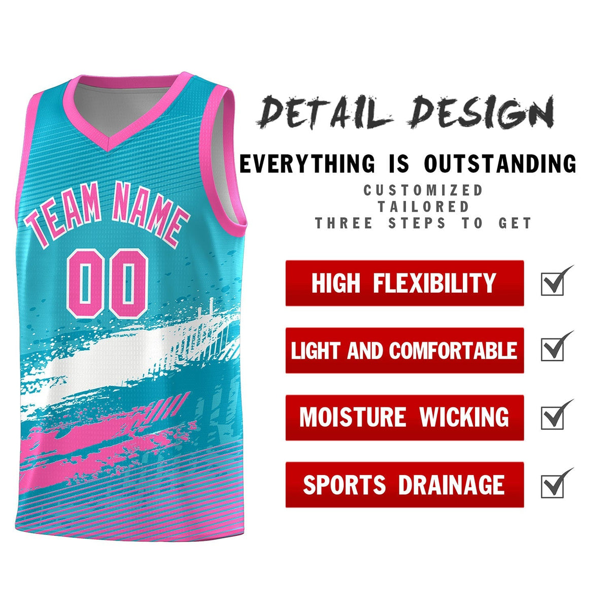 Custom Sky Blue White and Pink Graffiti Pattern Sports Uniform Basketball Jersey