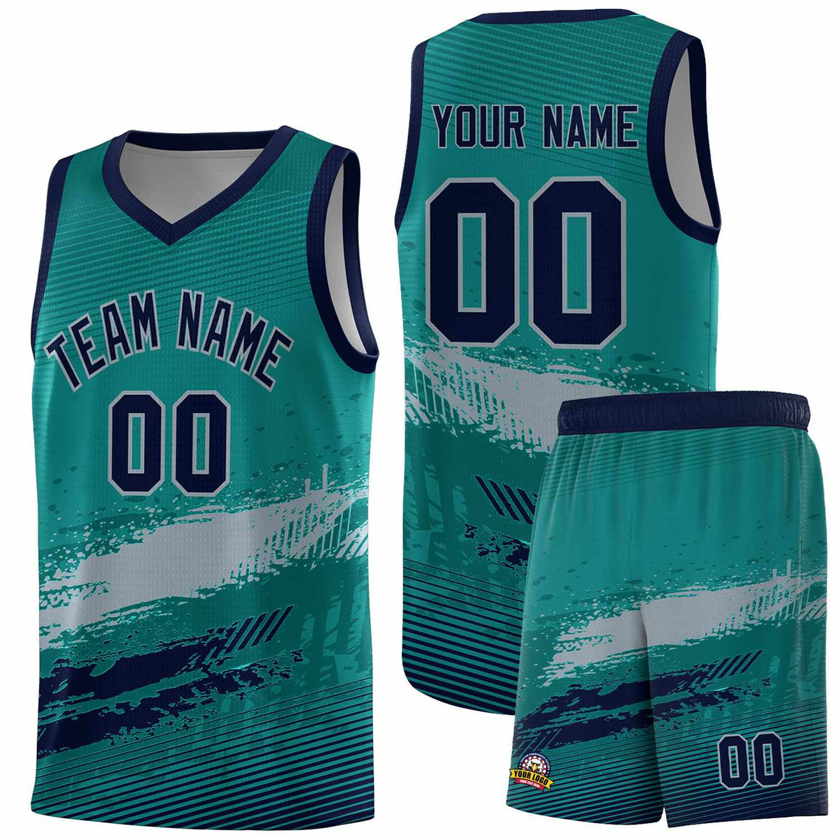 Custom Aqua Gray and Navy Graffiti Pattern Sports Uniform Basketball Jersey