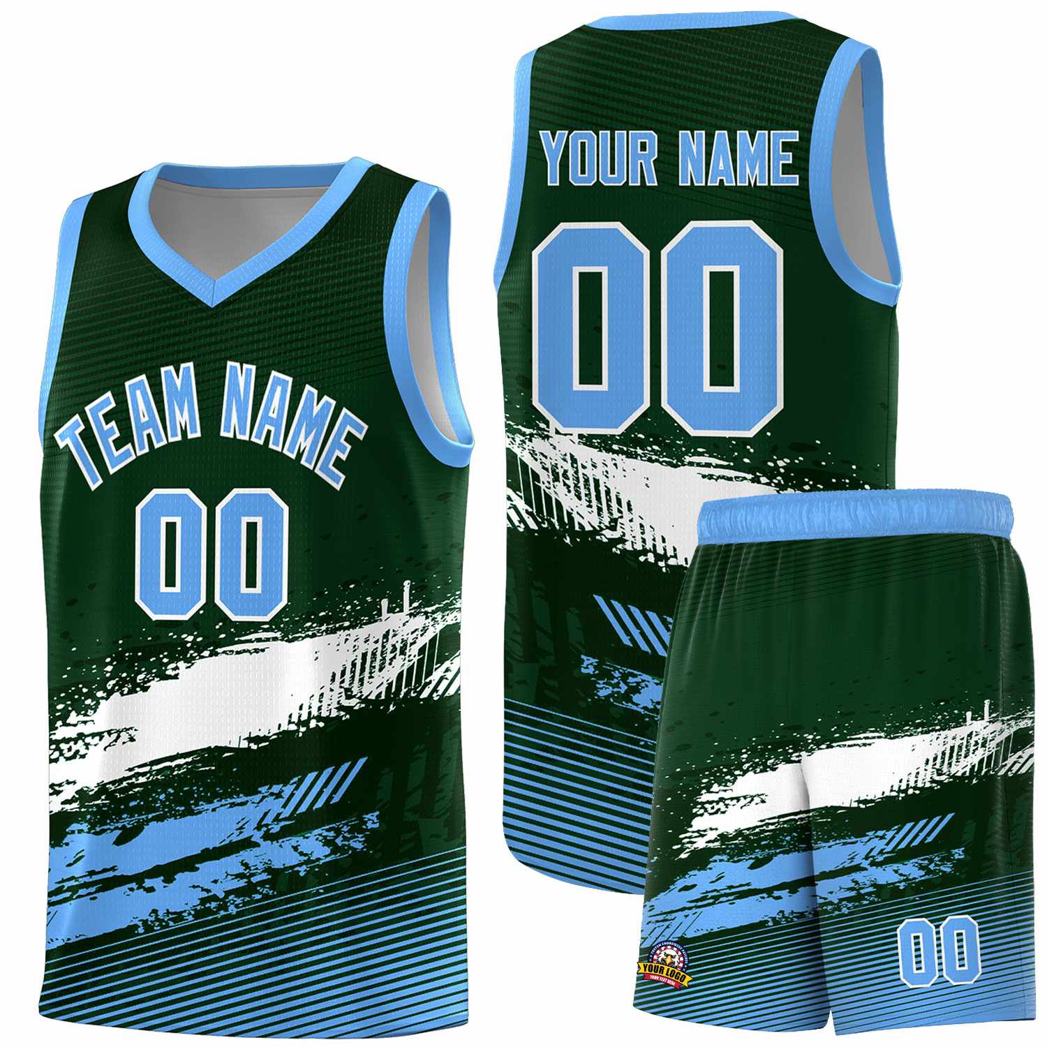 Custom Green White and Powder Blue Graffiti Pattern Sports Uniform Basketball Jersey