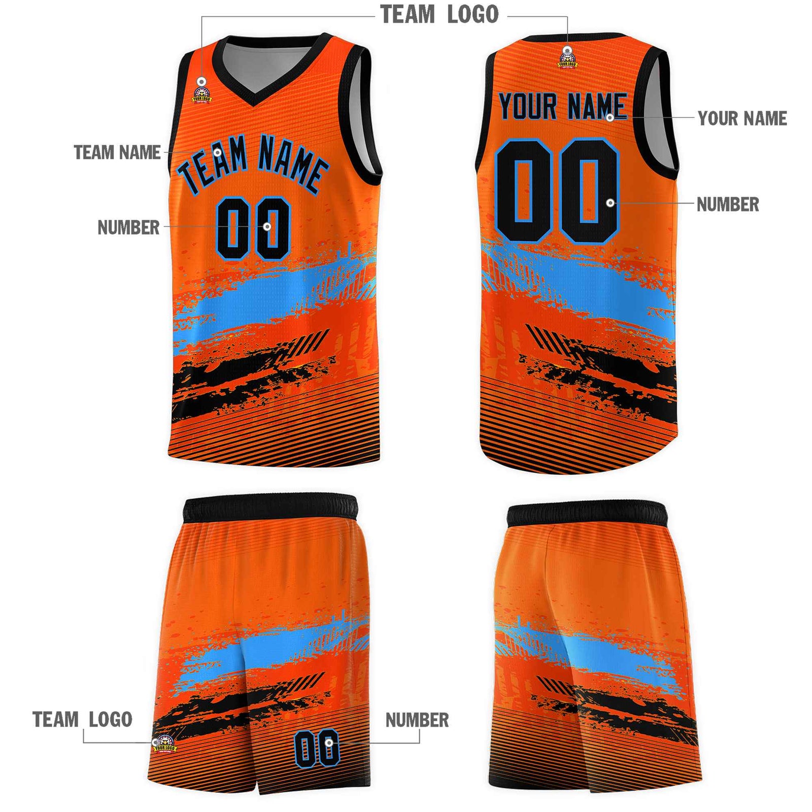 Custom Orange Powder Blue and Black Graffiti Pattern Sports Uniform Basketball Jersey