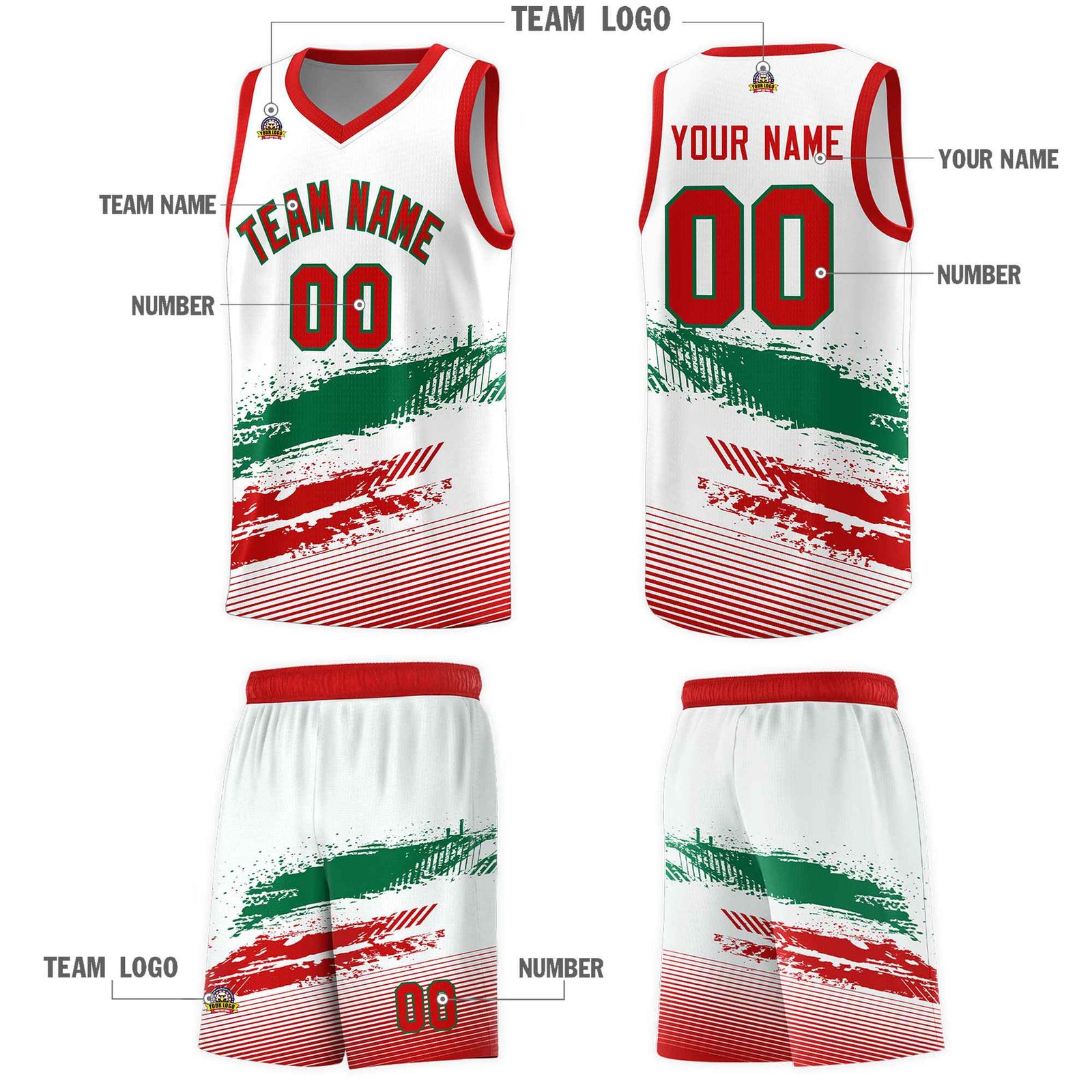 Custom White Kelly Green and Red Graffiti Pattern Sports Uniform Basketball Jersey