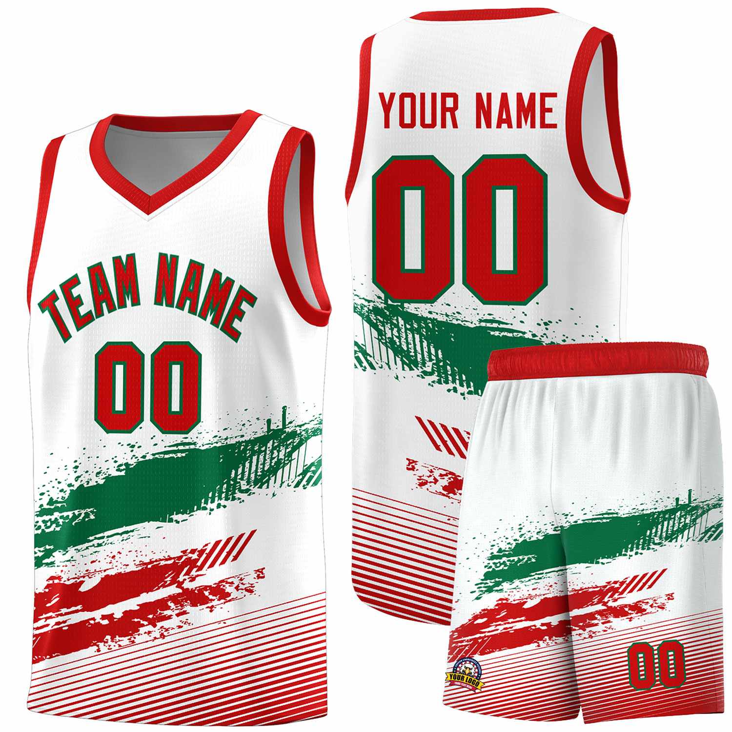 Custom White Kelly Green and Red Graffiti Pattern Sports Uniform Basketball Jersey