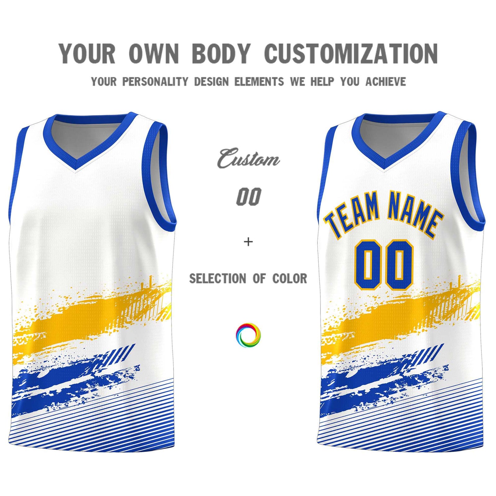 Custom White Yellow and Royal Graffiti Pattern Sports Uniform Basketball Jersey