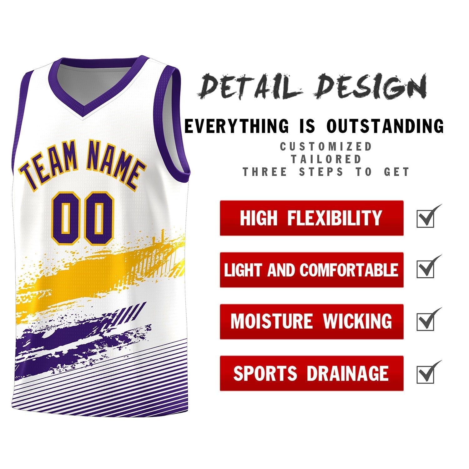 Custom White Yellow and Purple Graffiti Pattern Sports Uniform Basketball Jersey
