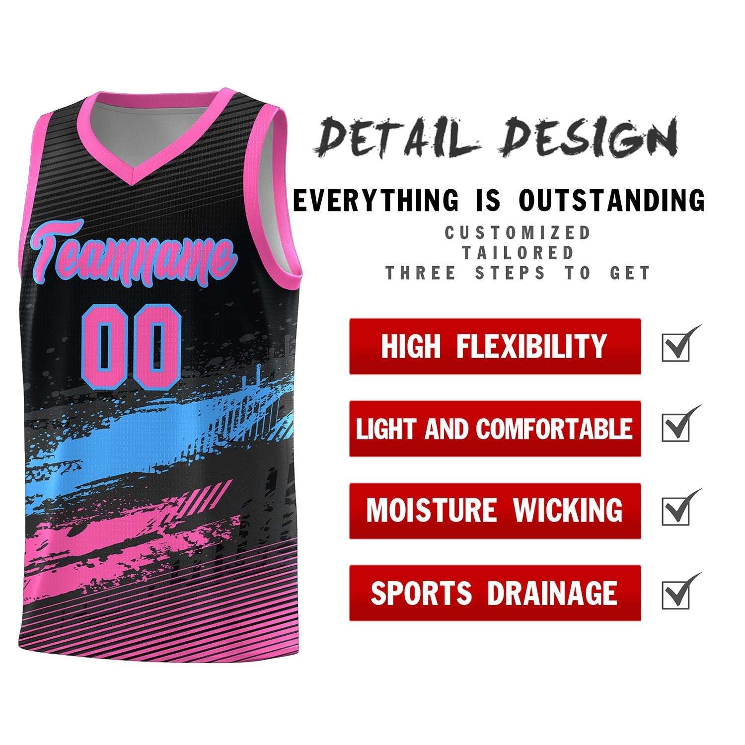 Custom Black Powder Blue and Pink Graffiti Pattern Sports Uniform Basketball Jersey