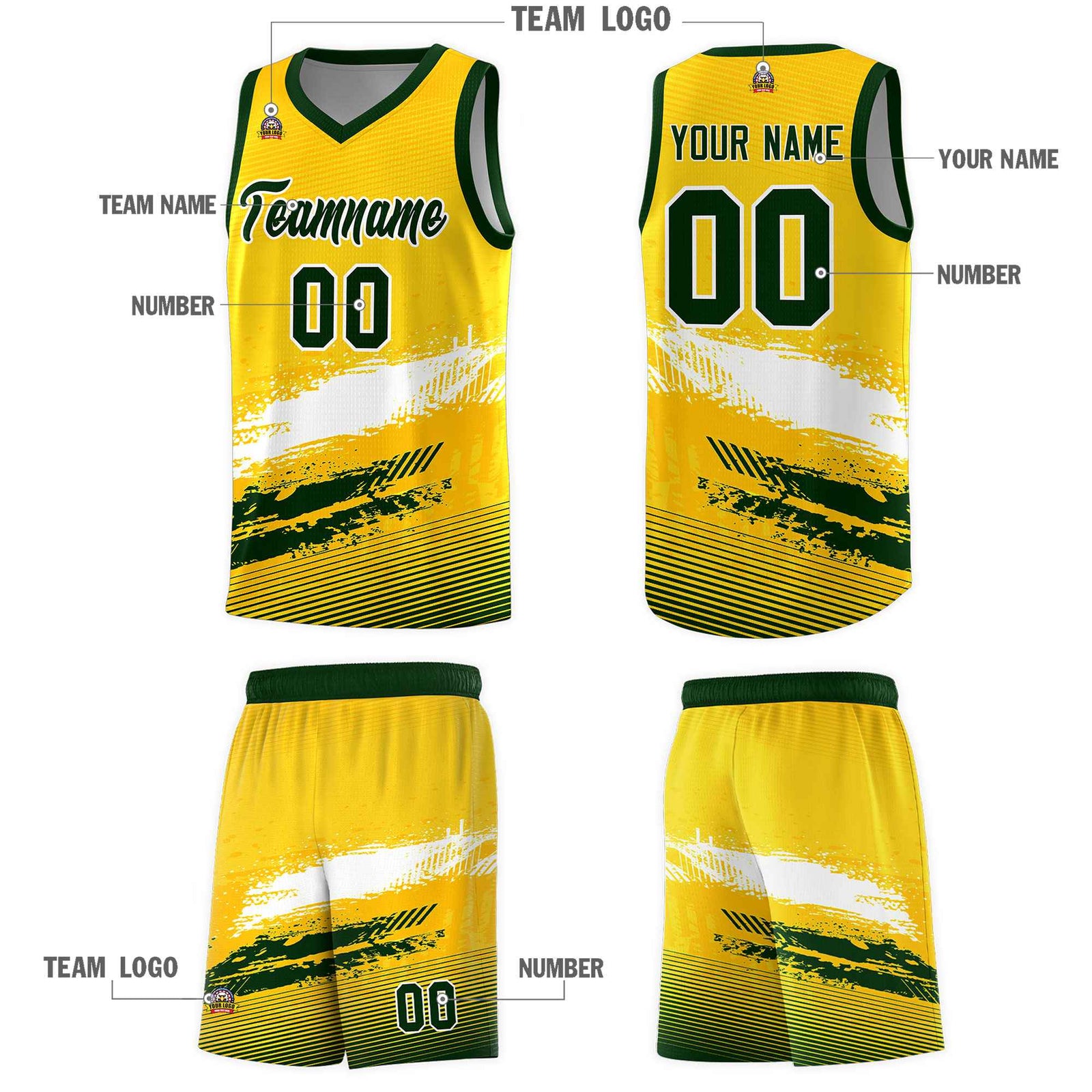 Custom Yellow White and Green Graffiti Pattern Sports Uniform Basketball Jersey