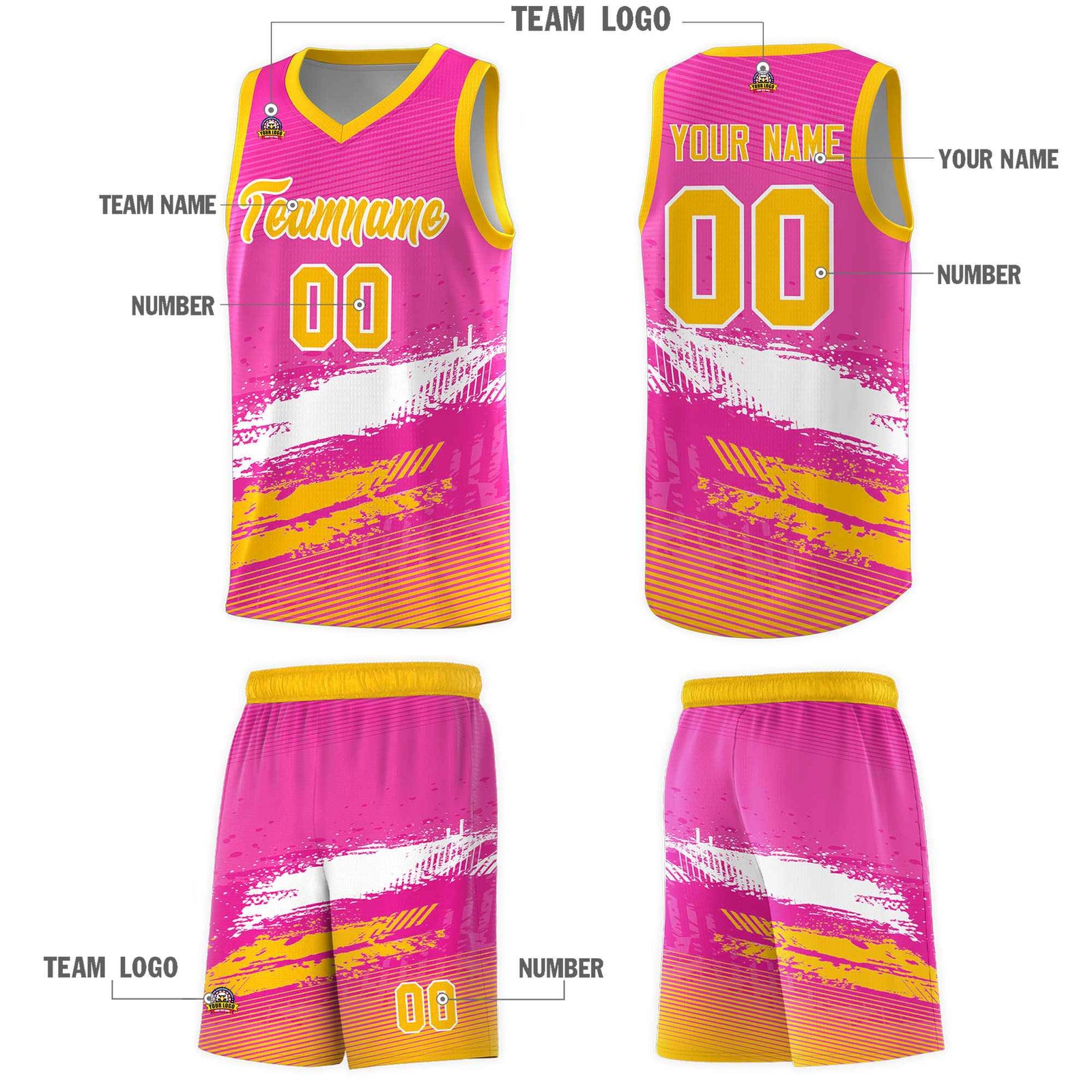 Custom Pink White and Yellow Graffiti Pattern Sports Uniform Basketball Jersey